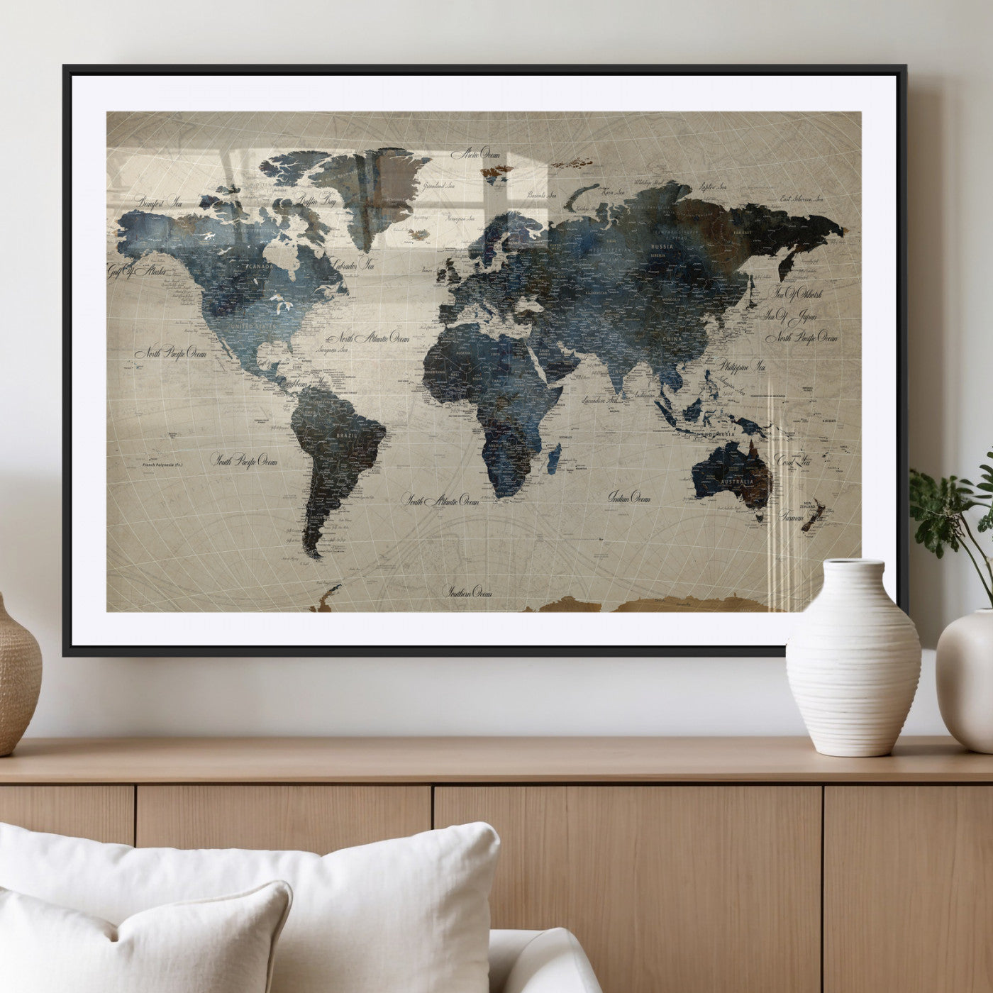 72927803-MGV-CV-36X24 - World Map Wall Art Canvas Print, Modern Decorative Framed Map Artwork Prints for Living Room, Office, Bedroom Wall Decor