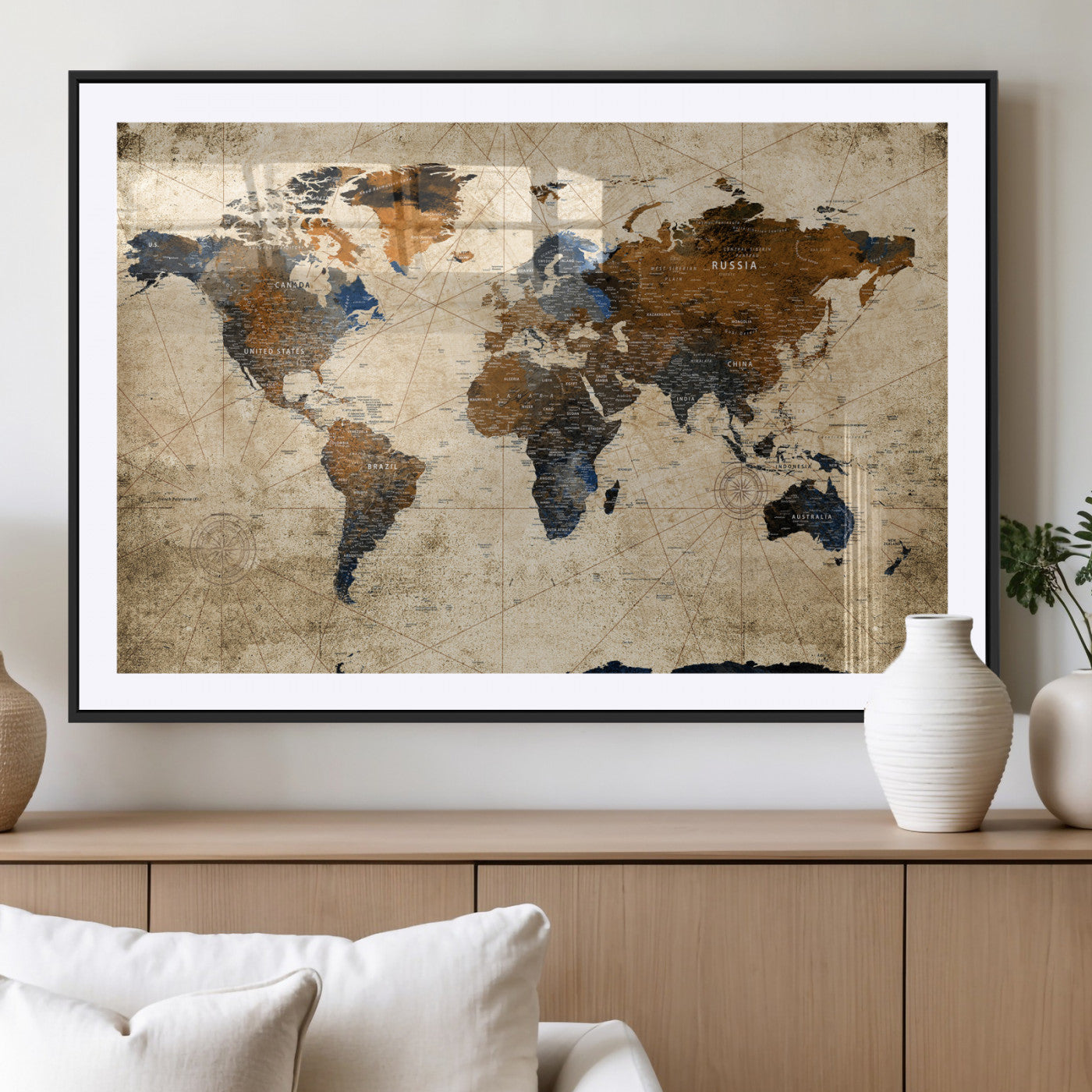 27163414-MGV-CV-36X24 - World Map Wall Art – Rustic Earth Tone Canvas Print, Antique Travel Map Design for Living Room, Office or Study, Classic Adventure Decor