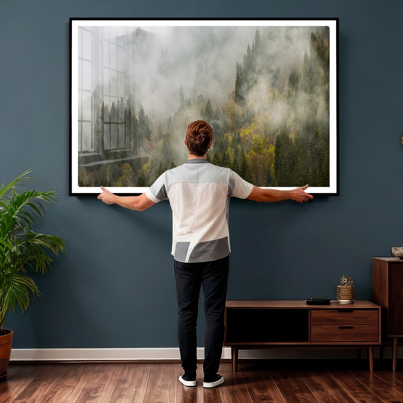 31152954-MGV-CV-36X24 - Misty Mountain Forest Canvas Print, Foggy Pine Trees Nature Wall Art, Framed Canvas Ready to Hang