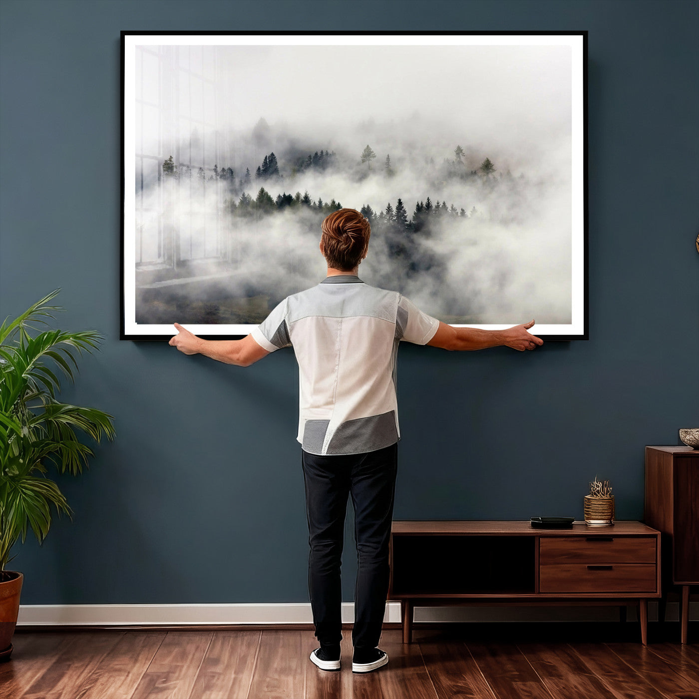 63235457-MGV-CV-36X24 - Foggy Forest Wall Art Canvas Print, Misty Pine Tree Landscape Wall Art Print, Framed Wall Art Ready to Hang