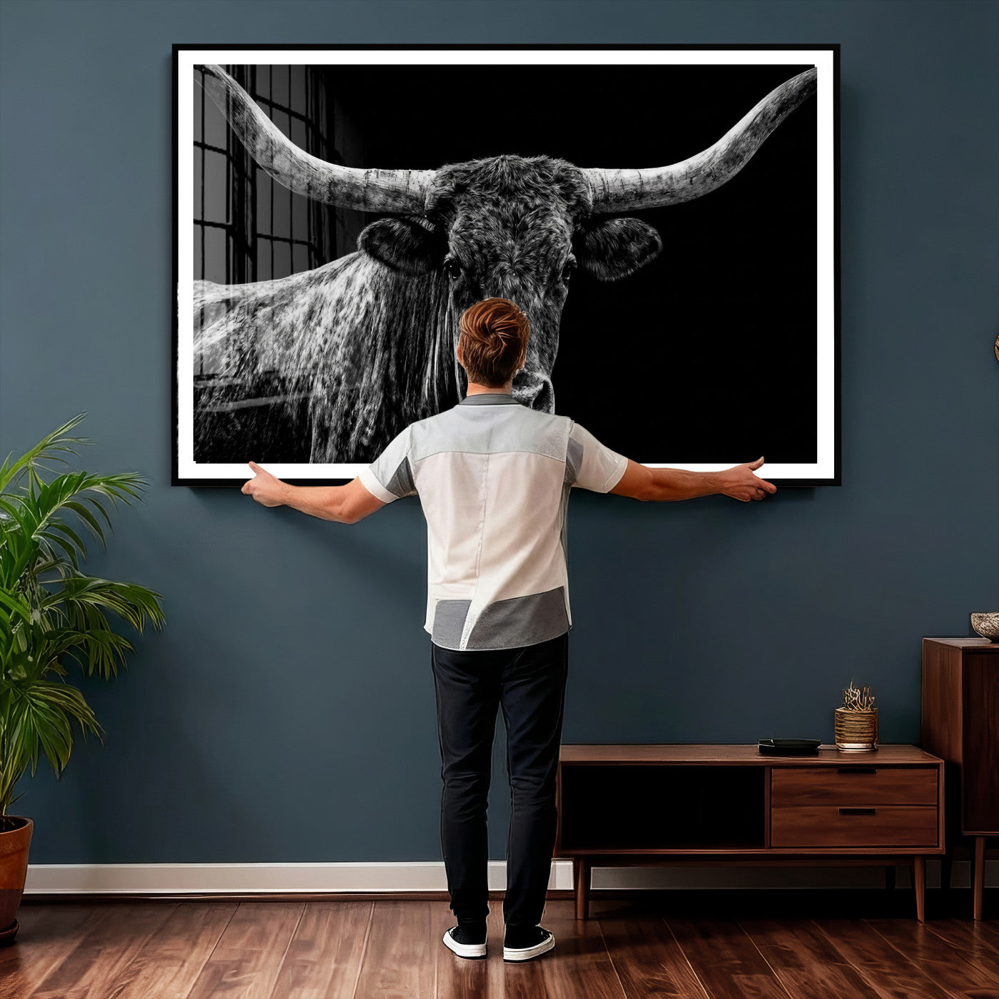 86568508-MGV-CV-36X24 - Vintage Texas Longhorn Bull Wall Art Canvas Print, Texas Cow Portrait Print, Framed Bull Wall Art Ready to Hang