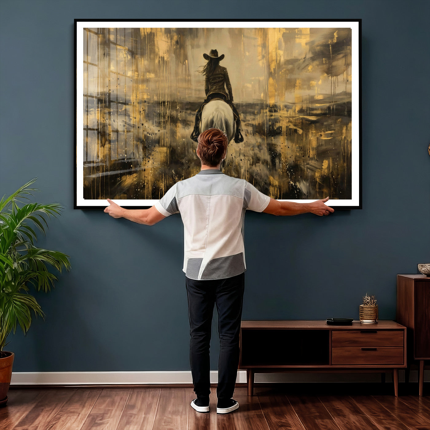 20465530-MGV-CV-36X24 - Cowgirl Wall Art Canvas Print, Western Horse Rider Wall Art, Framed Wall Art Ready to Hang