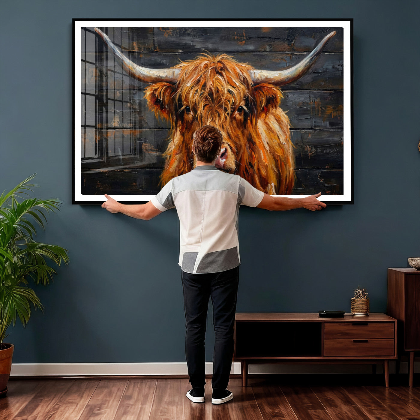 32536611-MGV-CV-36X24 - Highland Cow Wall Art Canvas Print, Rustic Farm Animal Painting, Framed Wall Art Ready to Hang
