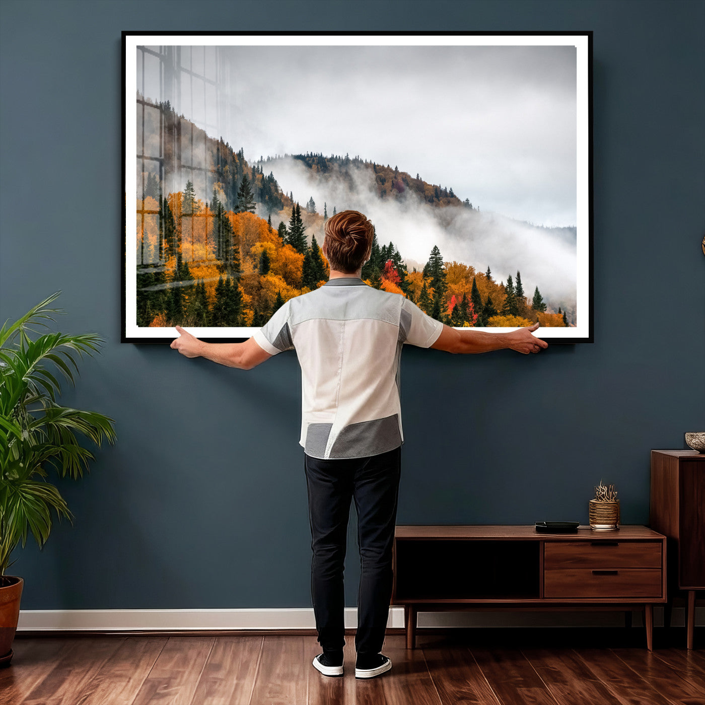 93581632-MGV-CV-36X24 - Autumn Forest Wall Art Canvas Print, Foggy Mountain Landscape Nature Photography, Framed Wall Art Ready to Hang