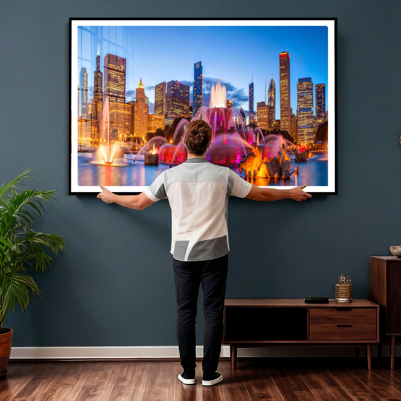 20251989-MGV-CV-36X24 - Chicago Wall Art Canvas Print, Chicago City Downtown Night Cityscape Print for Modern Urban Wall Decor