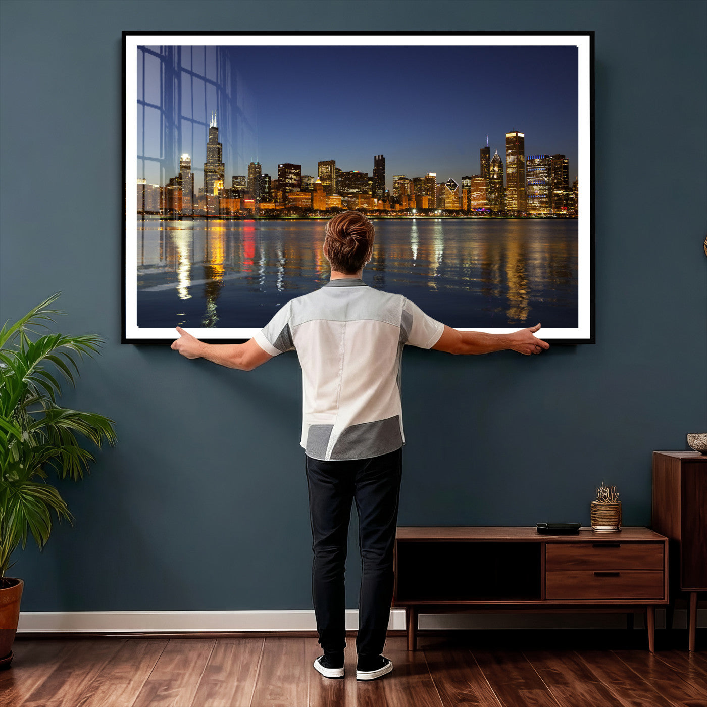 67308035-MGV-CV-36X24 - Chicago Wall Art Canvas Print, Chicago City Downtown Night Cityscape Print for Modern Urban Wall Decor