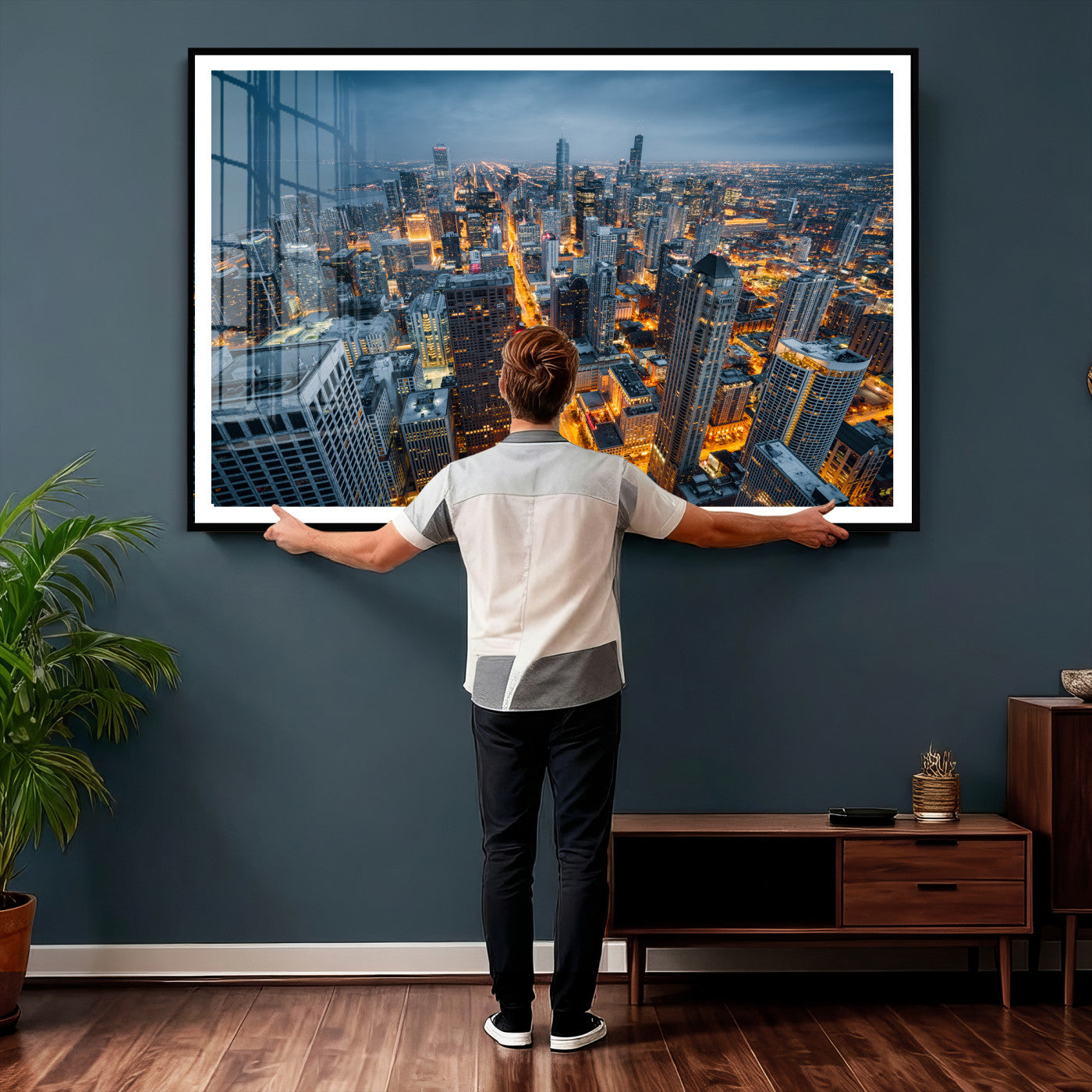 81742538-MGV-CV-36X24 - Chicago Wall Art Canvas Print, Chicago City Downtown Night Cityscape Print for Modern Urban Wall Decor