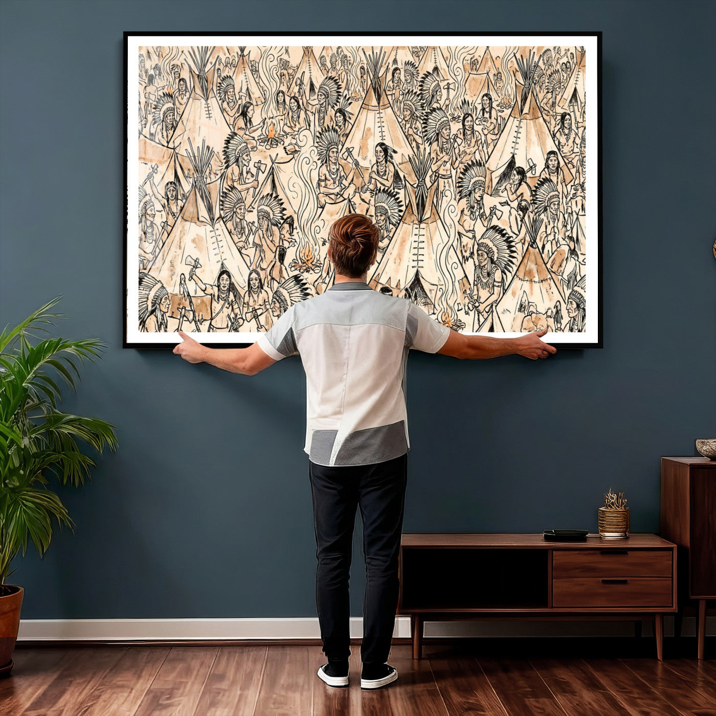 72739176-MGV-CV-36X24 - Farmhouse Animals Wall Art Canvas Print - Abstract Farm Animal Drawing Mid-Century Wall Art for Cabin Decor
