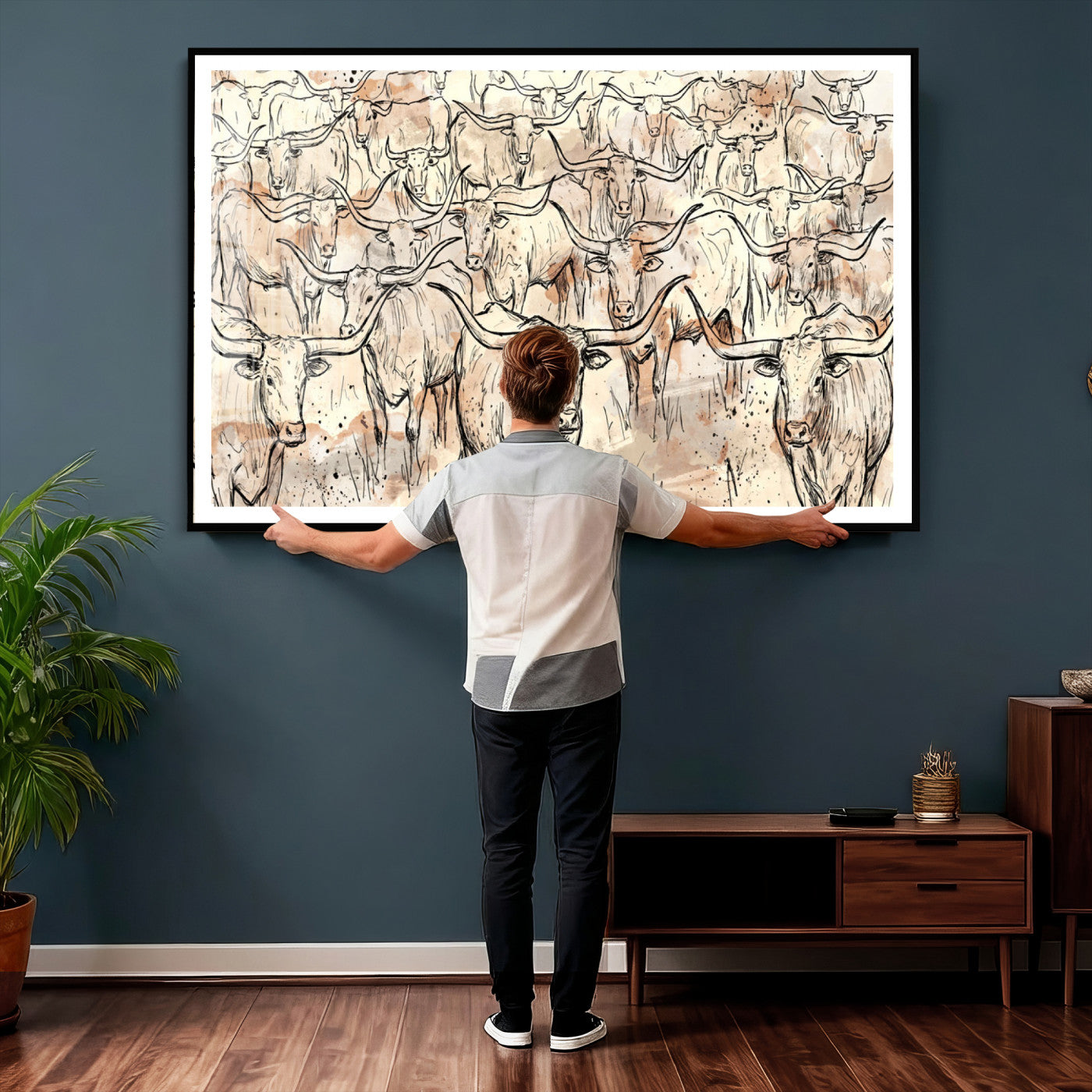 94055403-MGV-CV-36X24 - Farmhouse Animals Wall Art Canvas Print - Abstract Farm Animal Drawing Mid-Century Wall Art for Cabin Decor