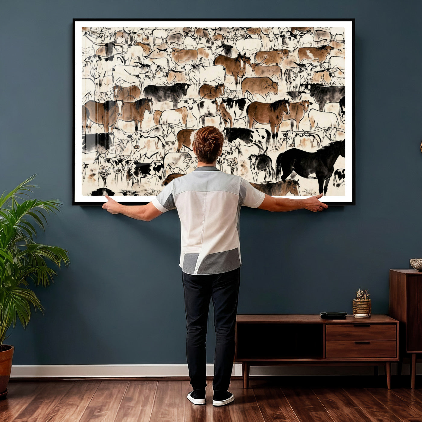 86150485-MGV-CV-36X24 - Farmhouse Animals Wall Art Canvas Print - Abstract Farm Animal Drawing Mid-Century Wall Art for Cabin Decor