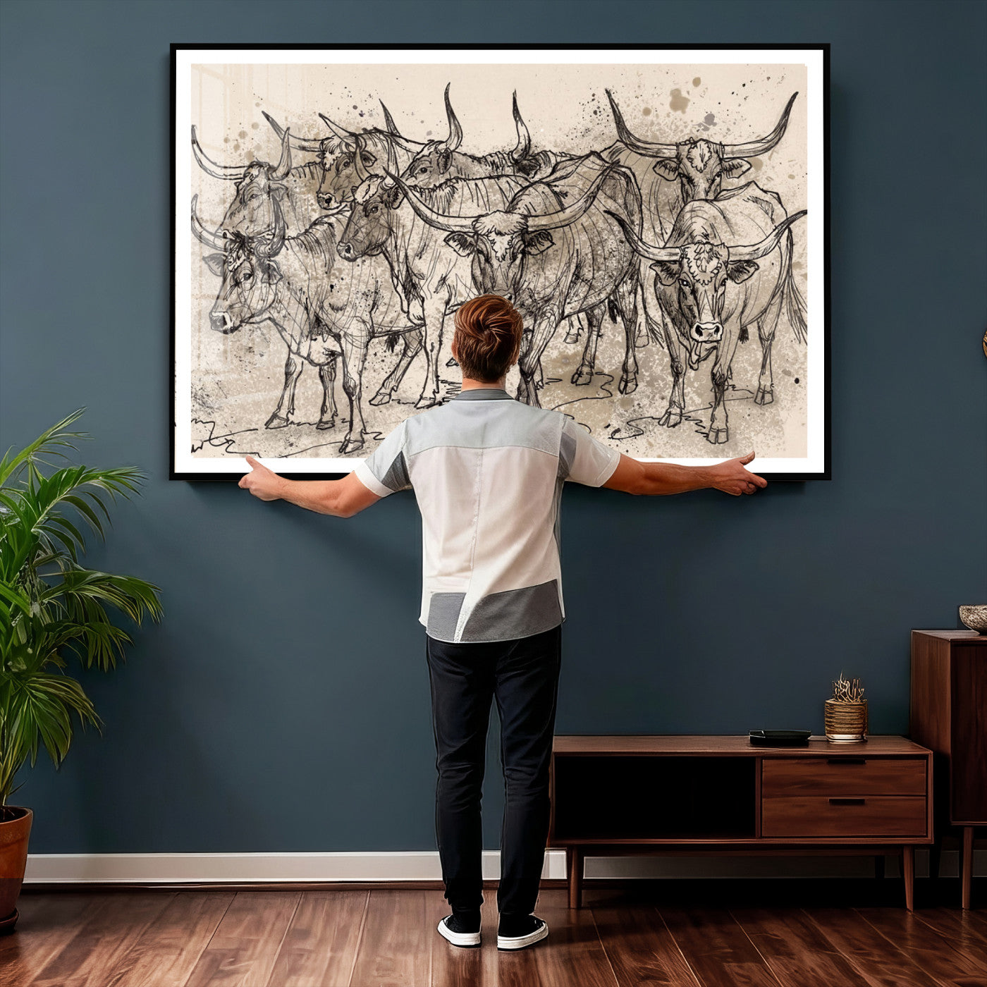 74232558-MGV-CV-36X24 - Farmhouse Animals Wall Art Canvas Print - Abstract Farm Animal Drawing Mid-Century Wall Art for Cabin Decor