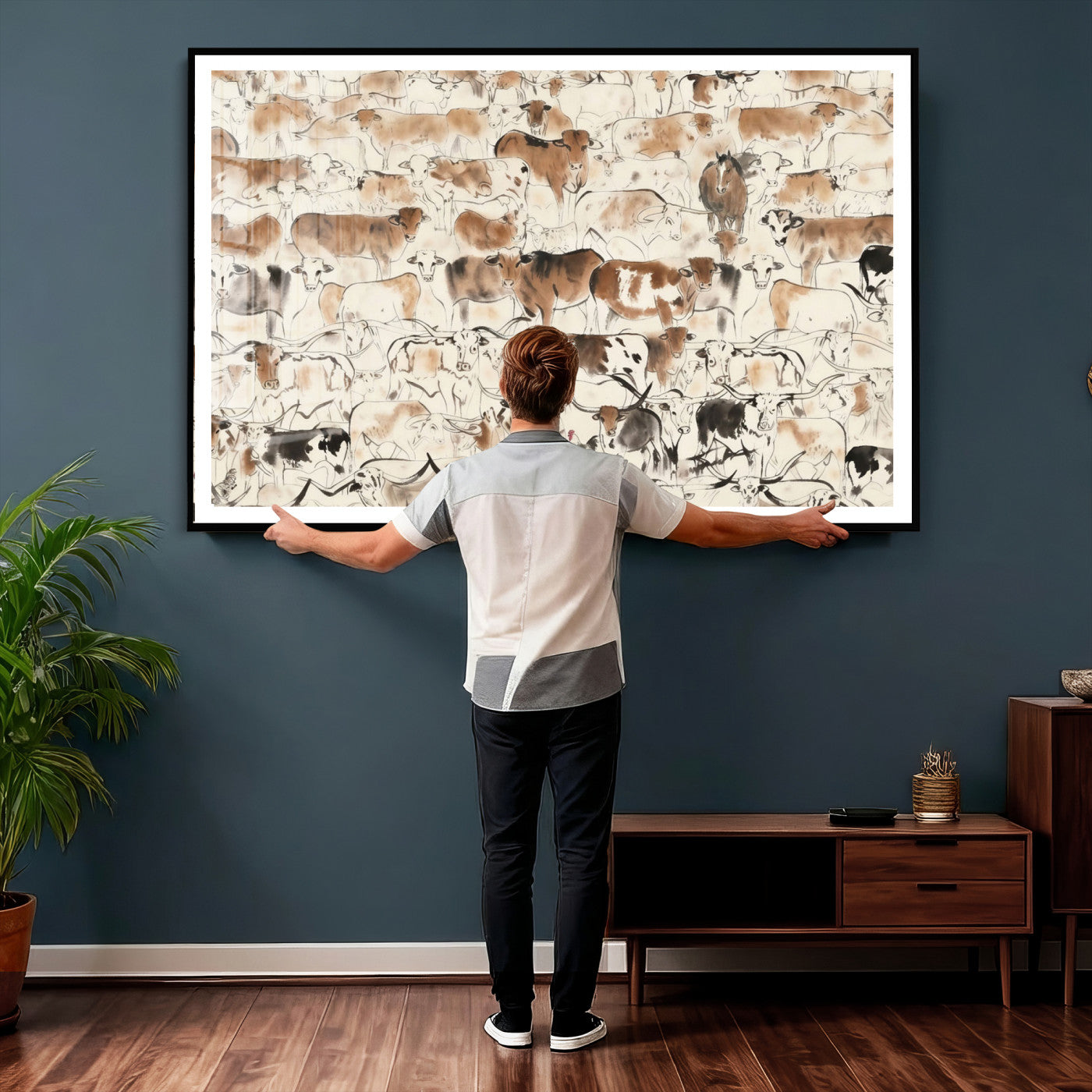 69961368-MGV-CV-36X24 - Farmhouse Animals Wall Art Canvas Print - Abstract Farm Animal Drawing Mid-Century Wall Art for Cabin Decor
