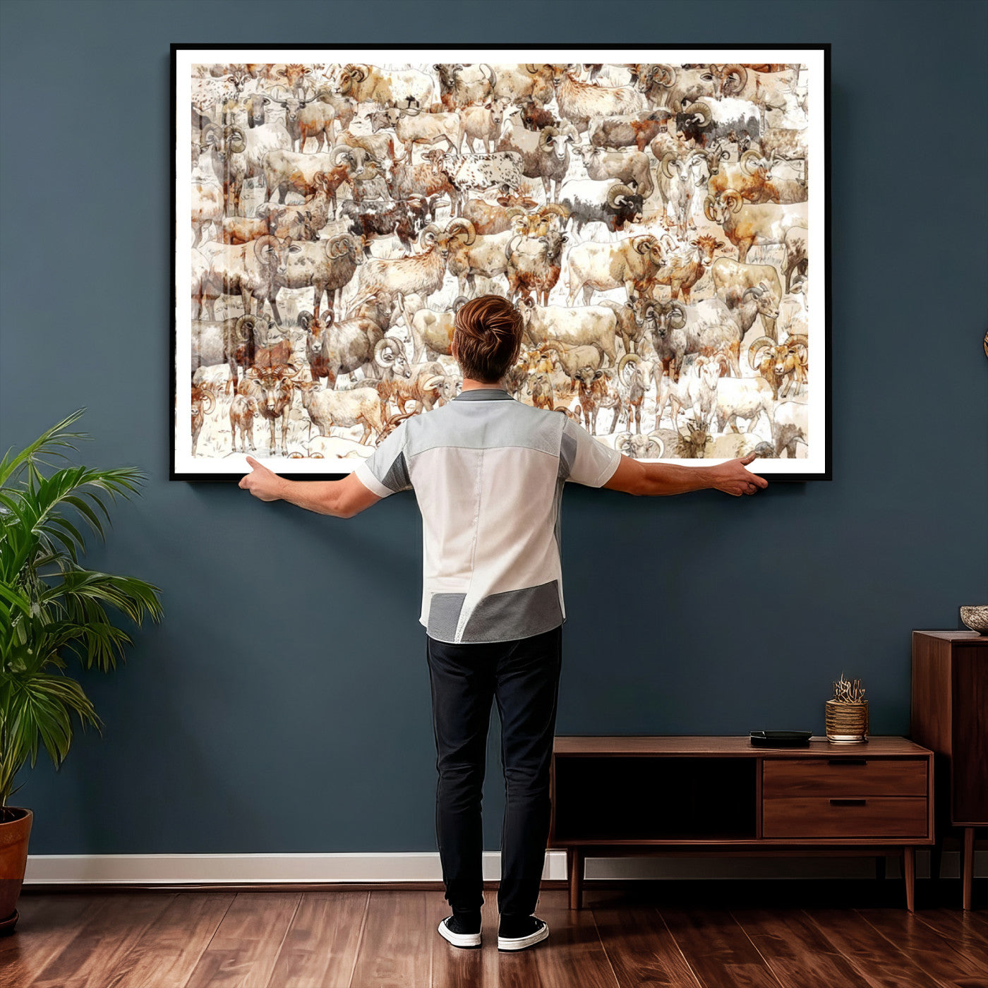 95103864-MGV-CV-36X24 - Farmhouse Animals Wall Art Canvas Print - Abstract Farm Animal Drawing Mid-Century Wall Art for Cabin Decor