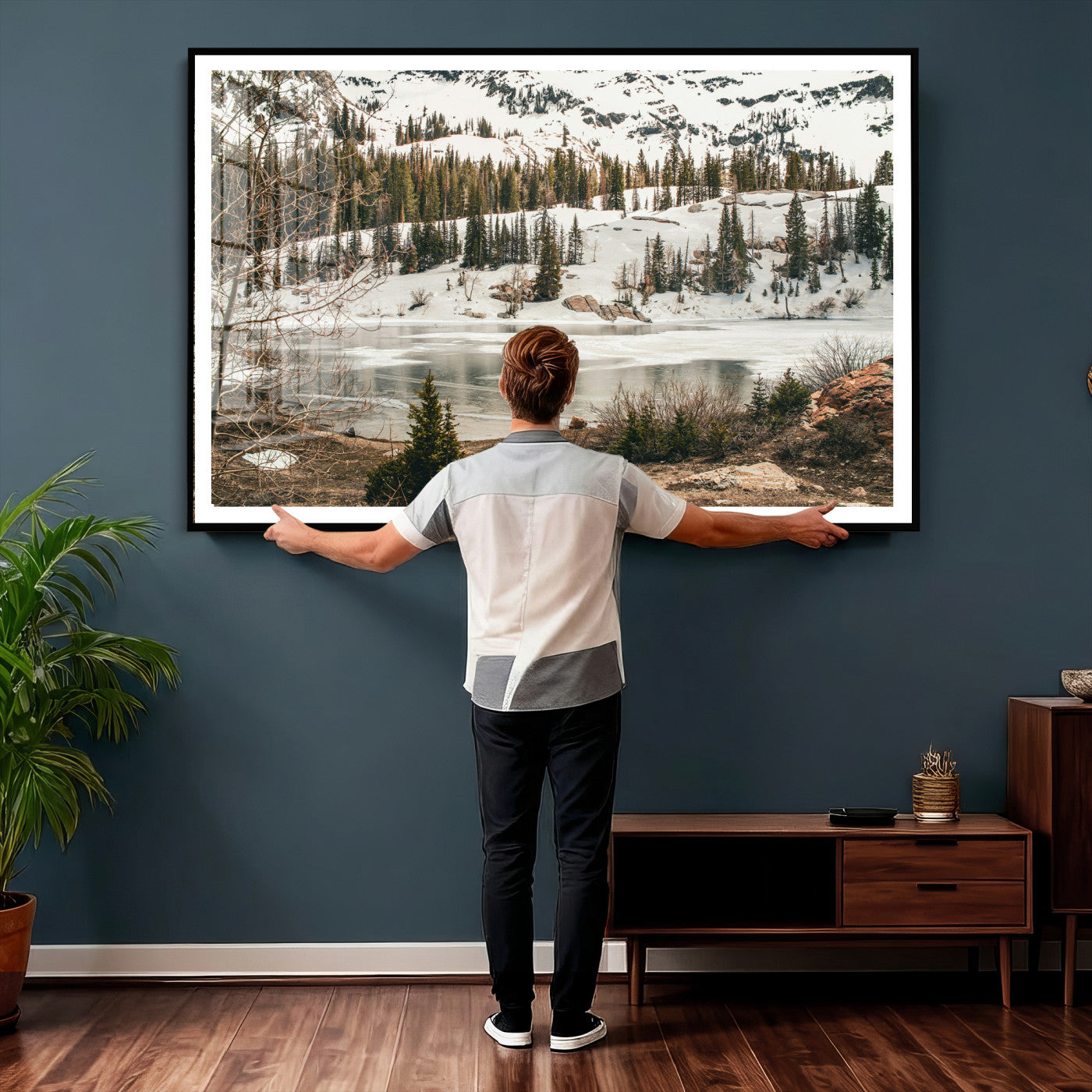 10336249-MGV-CV-36X24 - Snowy Mountain Landscape Wall Art Canvas Print, Alpine Pine Forest Winter Nature Wall Decor for Living Room and Office
