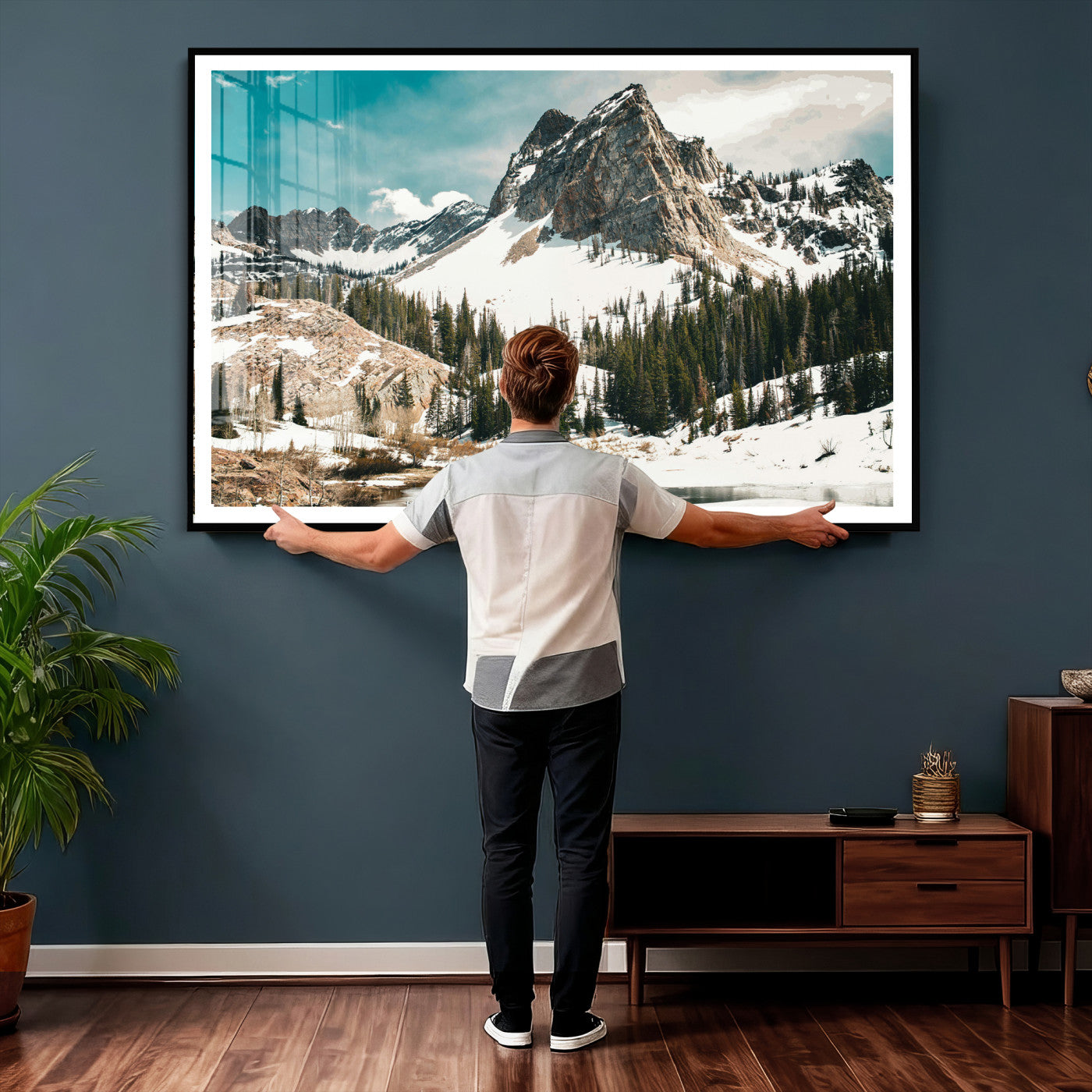 56837070-MGV-CV-36X24 - Snowy Mountain Landscape Wall Art Canvas Print, Alpine Pine Forest Winter Nature Wall Decor for Living Room and Office