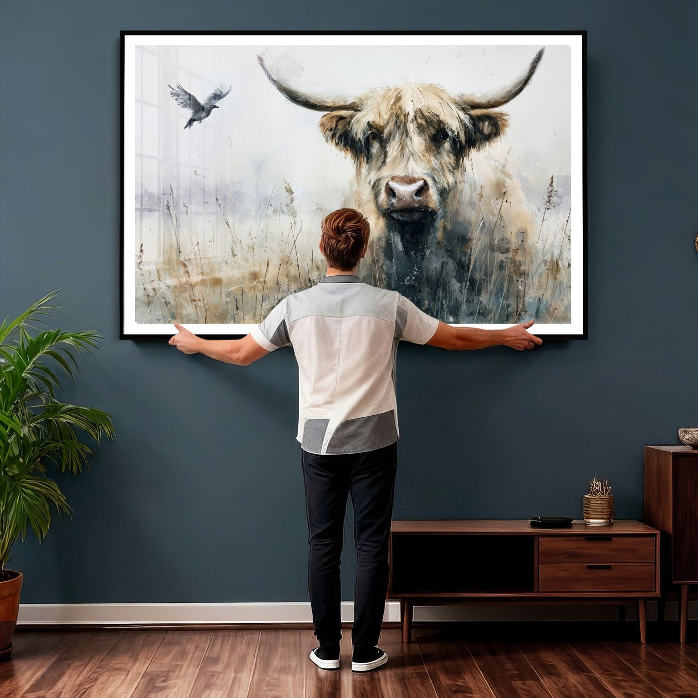 55652651-MGV-CV-36X24 - Abstract Highland Cow Watercolor Animal Wall Art Canvas Print, Rustic Farm Cattle Portrait Canvas Print, Neutral Wildlife Farmhouse Art Printing