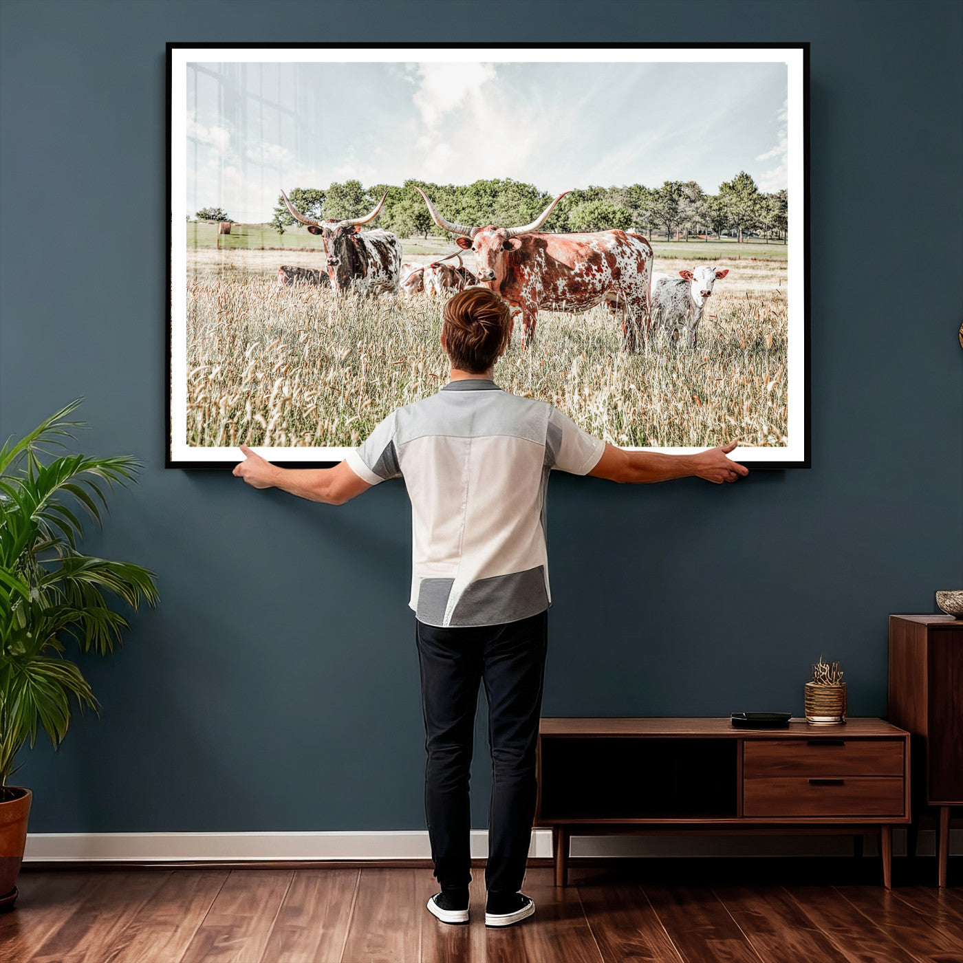21823552-MGV-CV-36X24 - Texas Longhorn Cattle Wall Art Canvas Print, Rustic Ranch Landscape Artwork, Western Farm Field Scene, Country Prairie Animal Canvas Wall Art