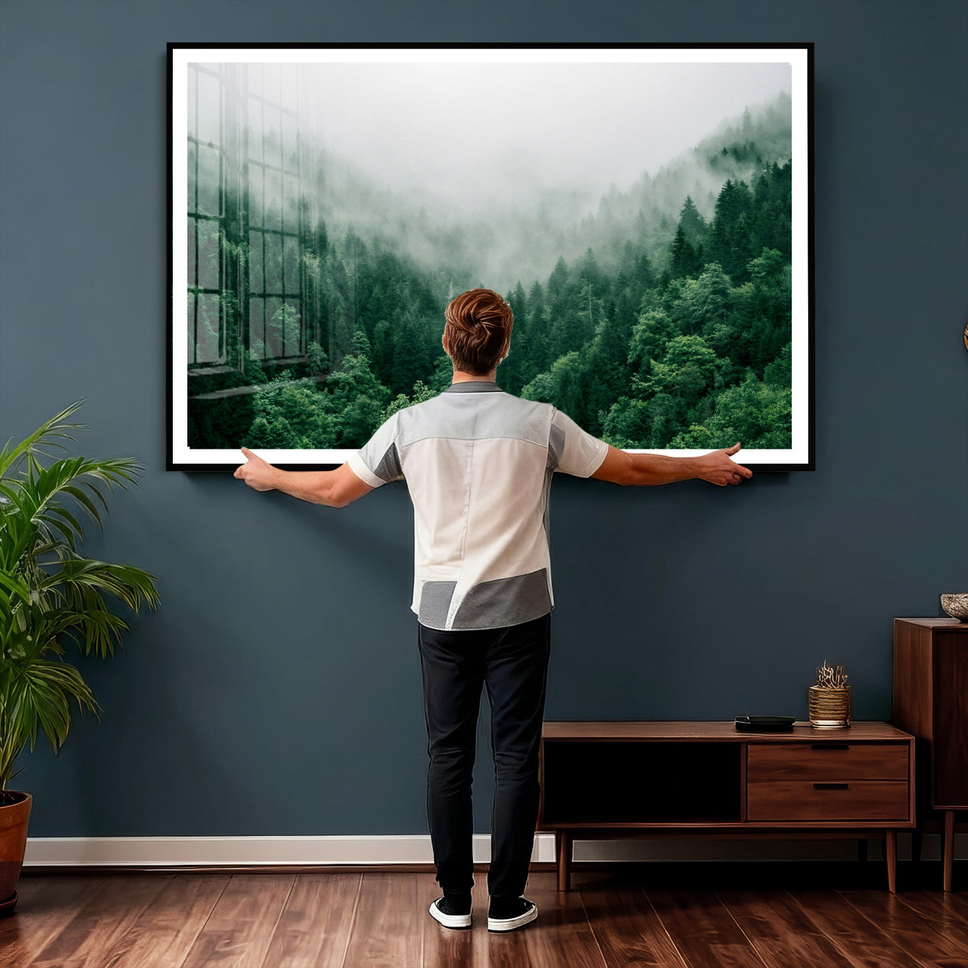 61640815-MGV-CV-36X24 - Misty Pine Forest Wall Art Canvas Print, Foggy Evergreen Landscape Wall Decor, Moody Green Nature Artwork, Minimal Forest Canvas Wall Art, Framed Canvas Wall Art Ready to Hang