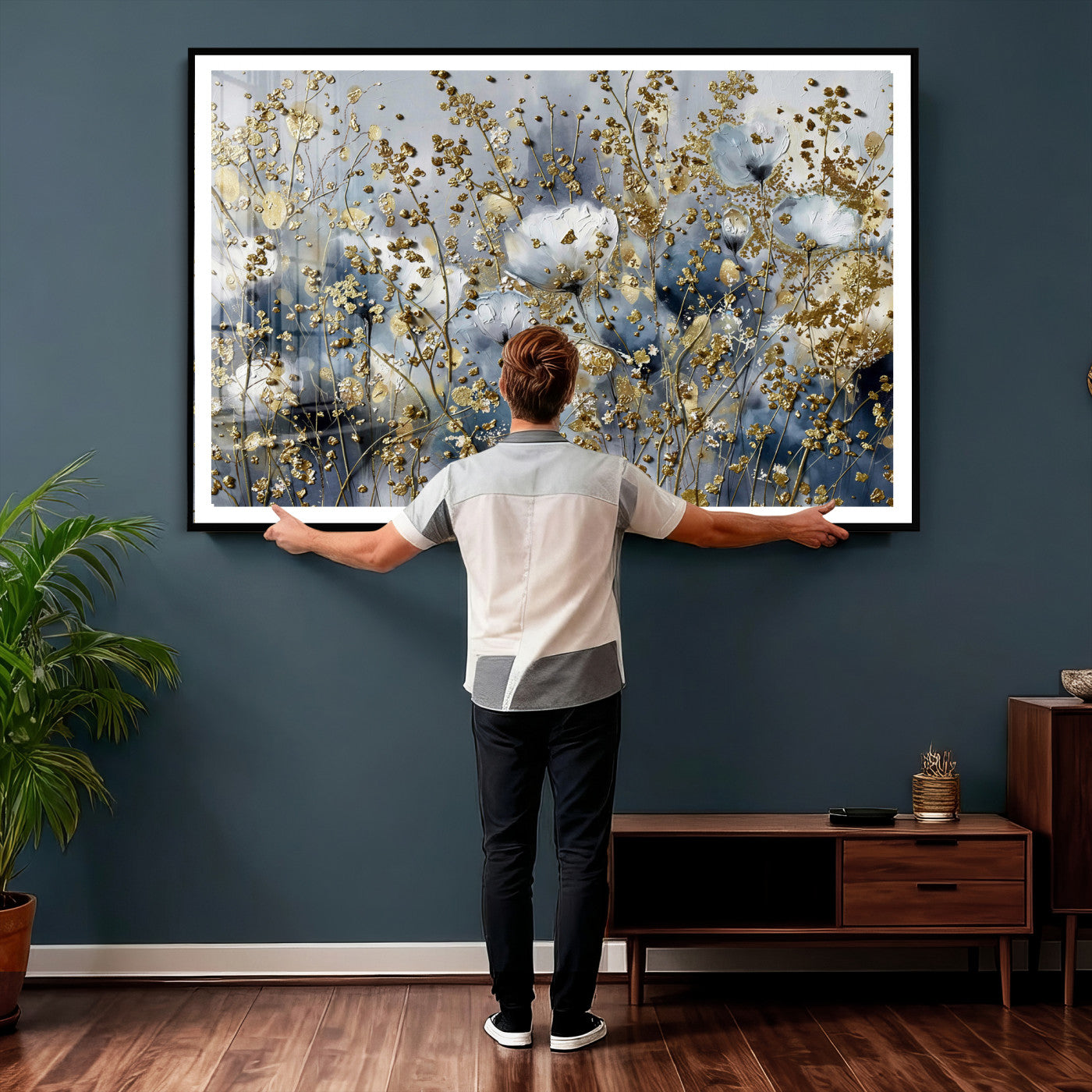 24499670-MGV-CV-36X24 - Abstract Floral Wall Art Canvas Print – Gold and Blue Botanical Artwork for Living Room, Bedroom, and Office Decor
