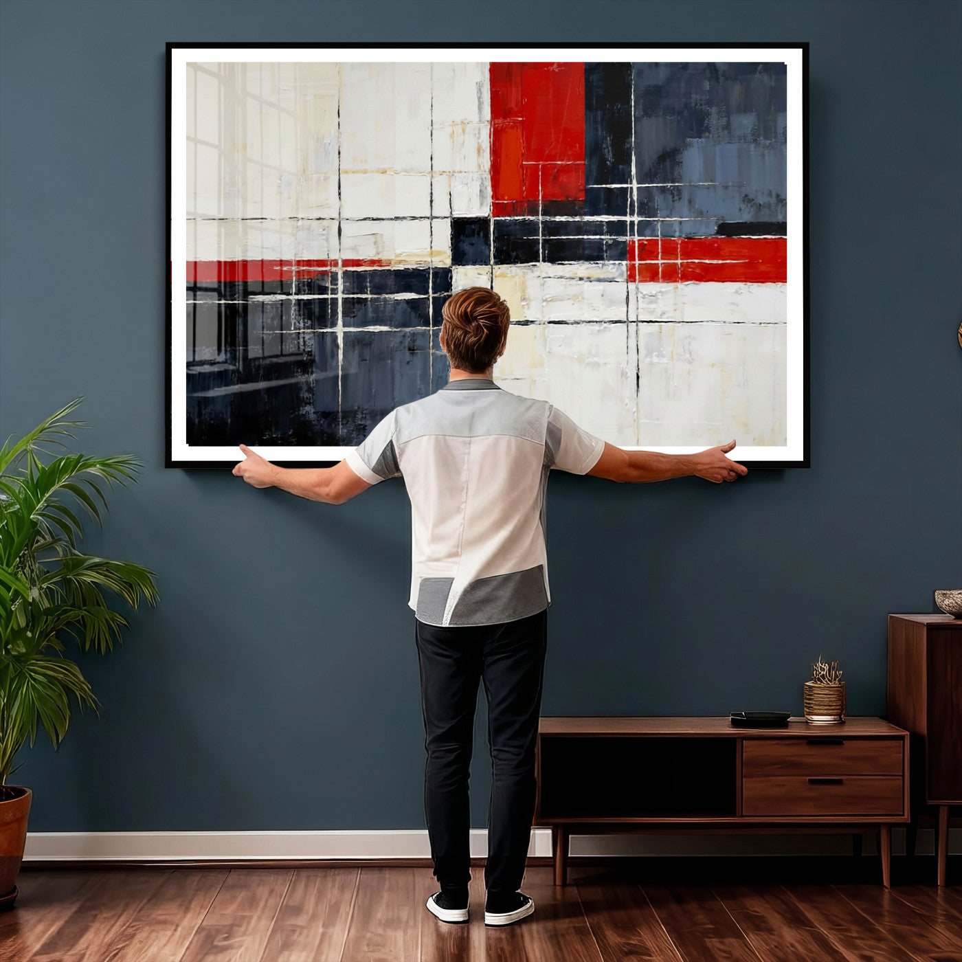 11921181-MGV-CV-36X24 - Navy Red Abstract Wall Art Canvas Print, Modern Luxury Geometric Painting Wall Decor for Living Room and Office
