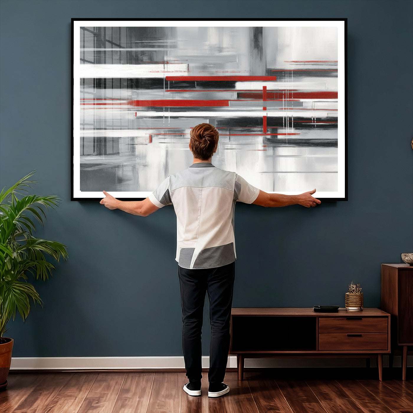 62640681-MGV-CV-36X24 - Gray Red Abstract Wall Art Canvas Print, Modern Abstract Canvas Wall Decor for Contemporary Living Room and Office