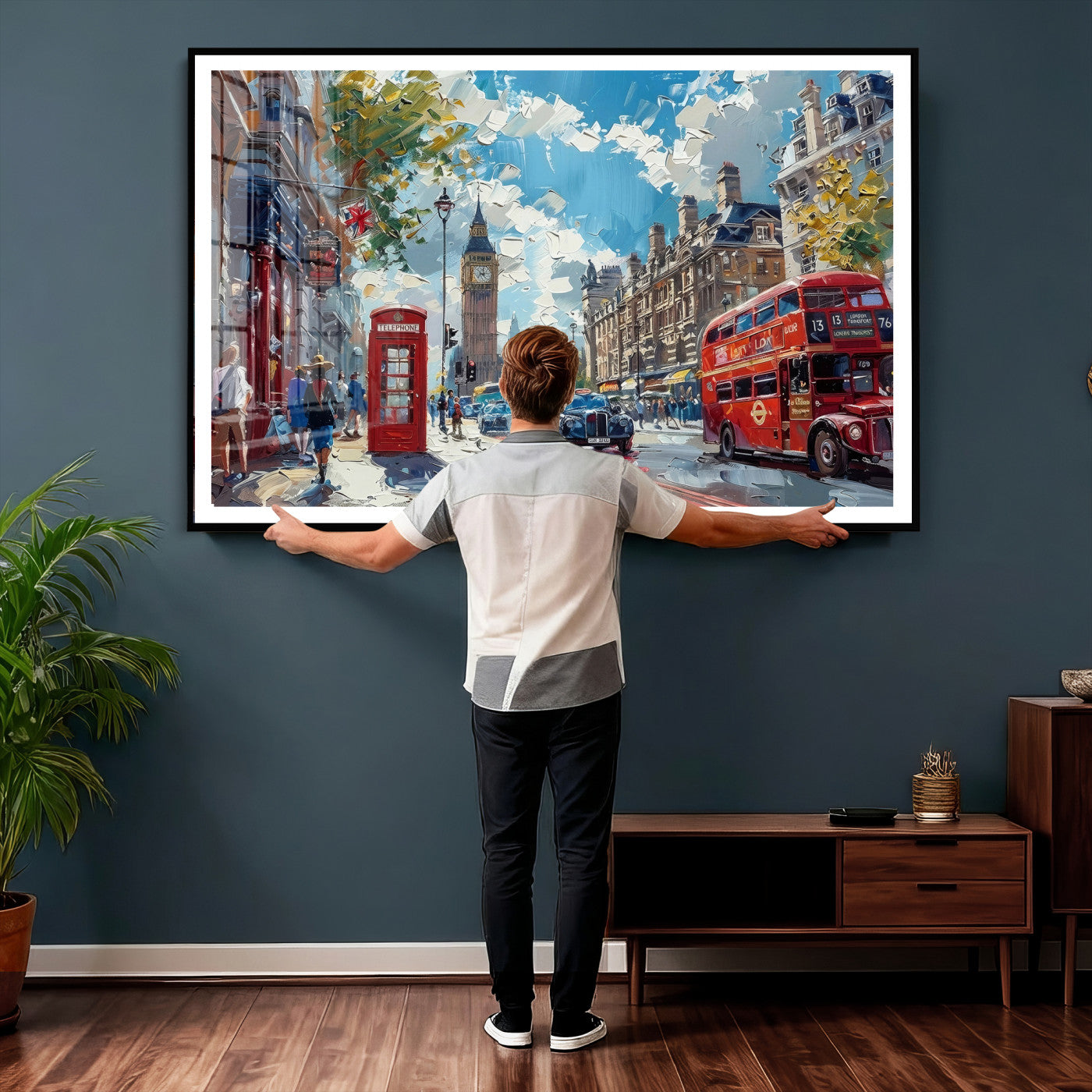 17630888-MGV-CV-36X24 - Modern London City Street Wall Art Canvas Print, Big Ben & Red Bus Artwork Canvas Print