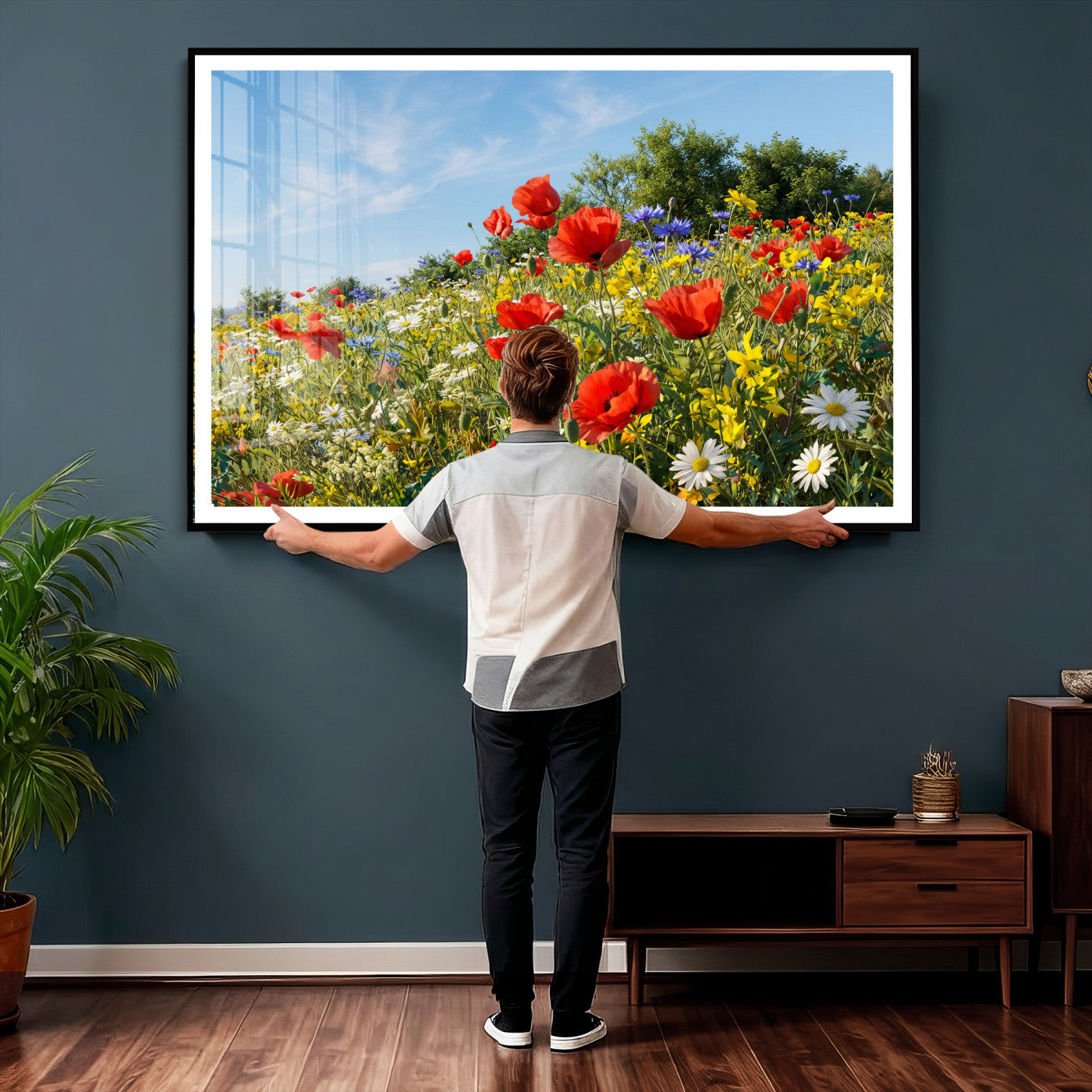 38570784-MGV-CV-36X24 - Wildflower Meadow Wall Art Canvas Print – Colorful Poppy and Daisy Field Landscape Artwork for Living Room Decor