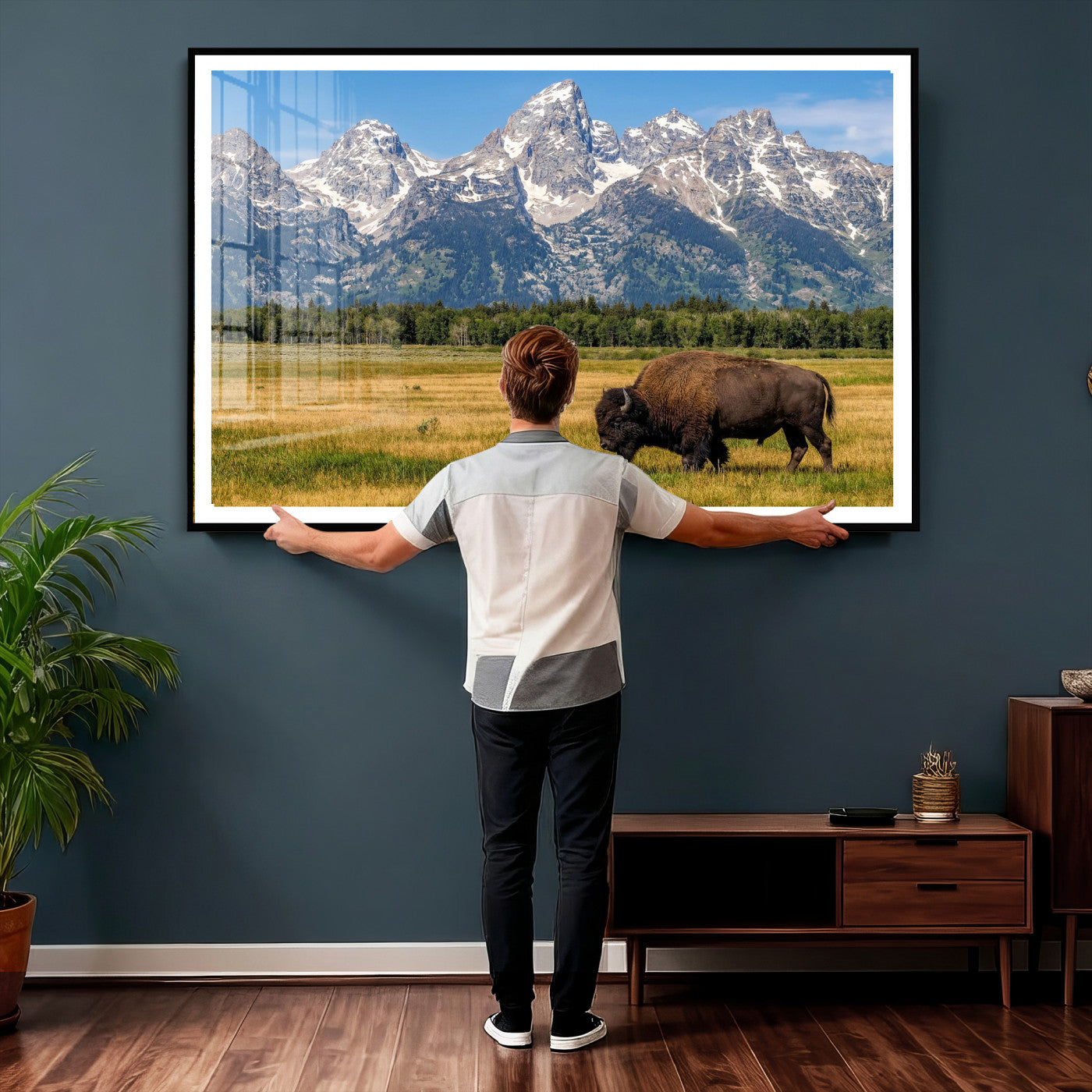 20424529-MGV-CV-36X24 - Bison in Mountain Landscape Wall Art Canvas Print – Western Wildlife Artwork for Rustic Living Room Decor