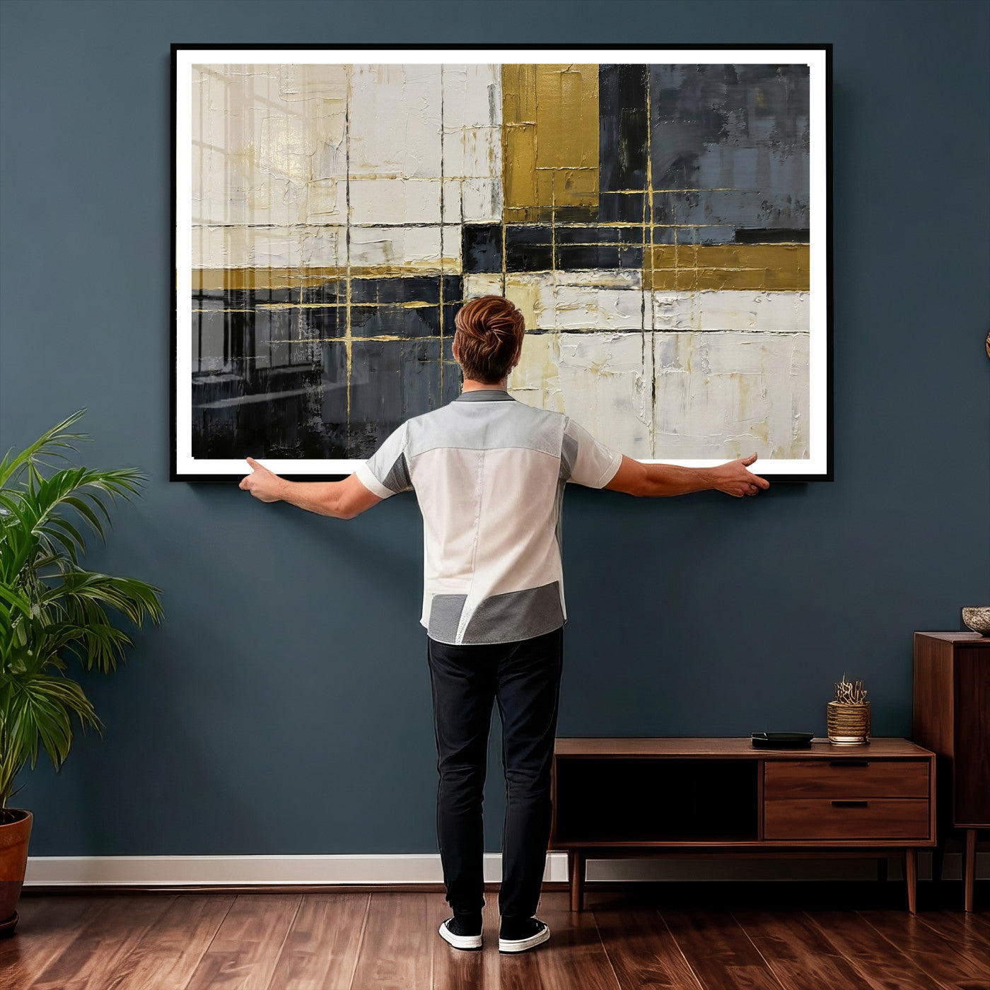 36097945-MGV-CV-36X24 - Abstract Gold and Black Wall Art Canvas Print – Modern Geometric Neutral Artwork for Living Room Decor