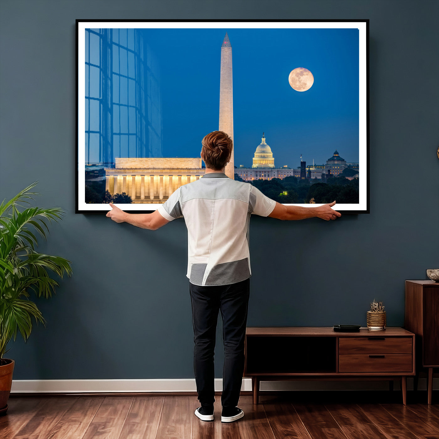 96712946-MGV-CV-36X24 - Washington DC Skyline Wall Art Canvas Print – Lincoln Memorial, Washington Monument and US Capitol Night Cityscape Artwork