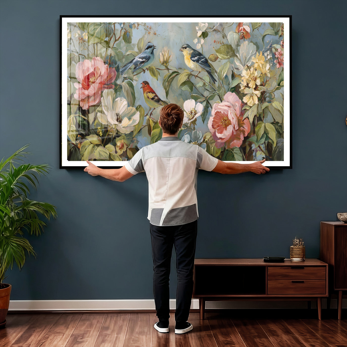 55440837-MGV-CV-36X24 - Vintage Birds and Flowers Wall Art Canvas Print, Botanical Bird Painting Canvas Print, Floral Garden Bird Artwork Canvas Print, Classic Bird Flower Painting Canvas Print