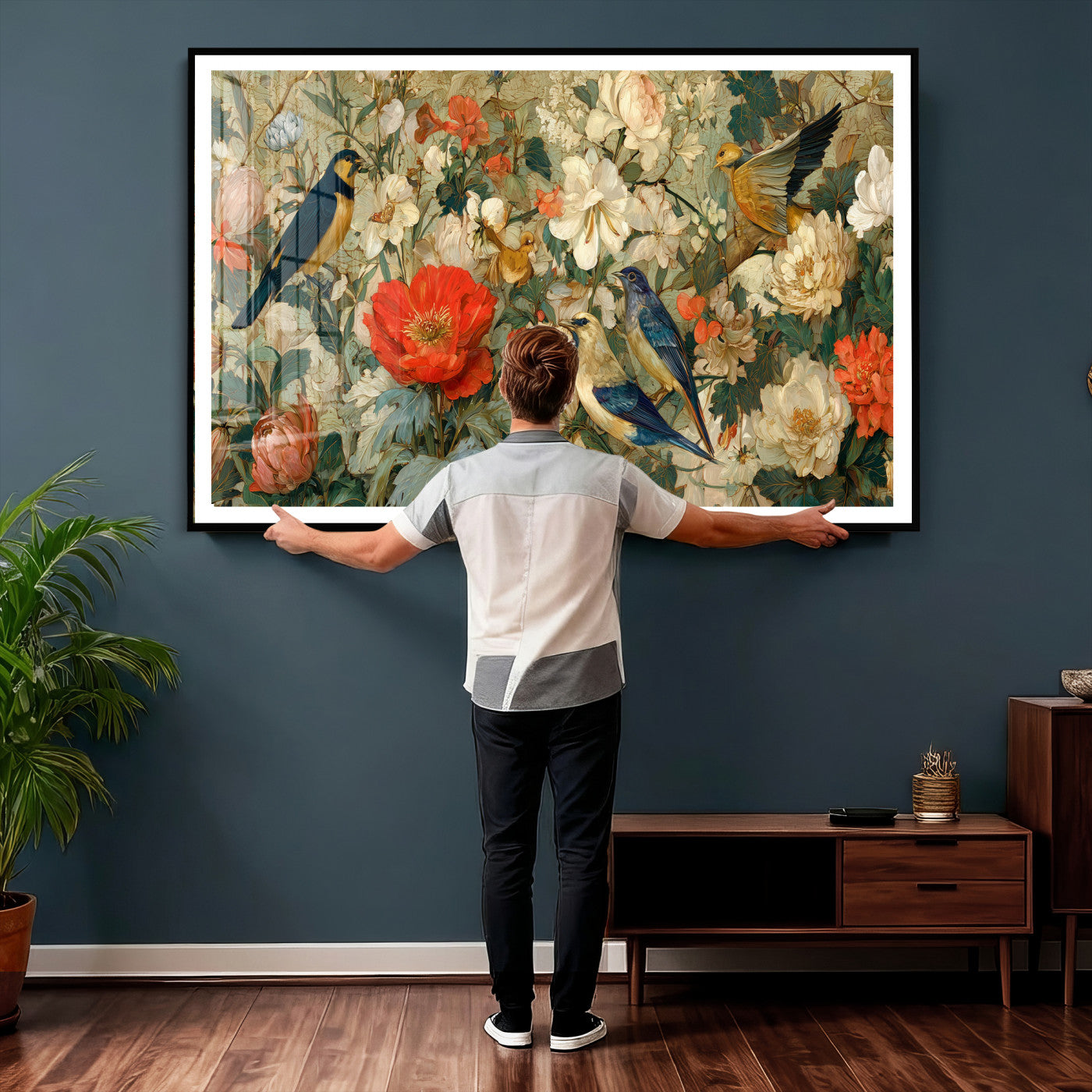 52904757-MGV-CV-36X24 - Vintage Birds and Flowers Wall Art Canvas Print, Botanical Bird Painting Canvas Print, Floral Garden Bird Artwork Canvas Print, Classic Bird Flower Painting Canvas Print