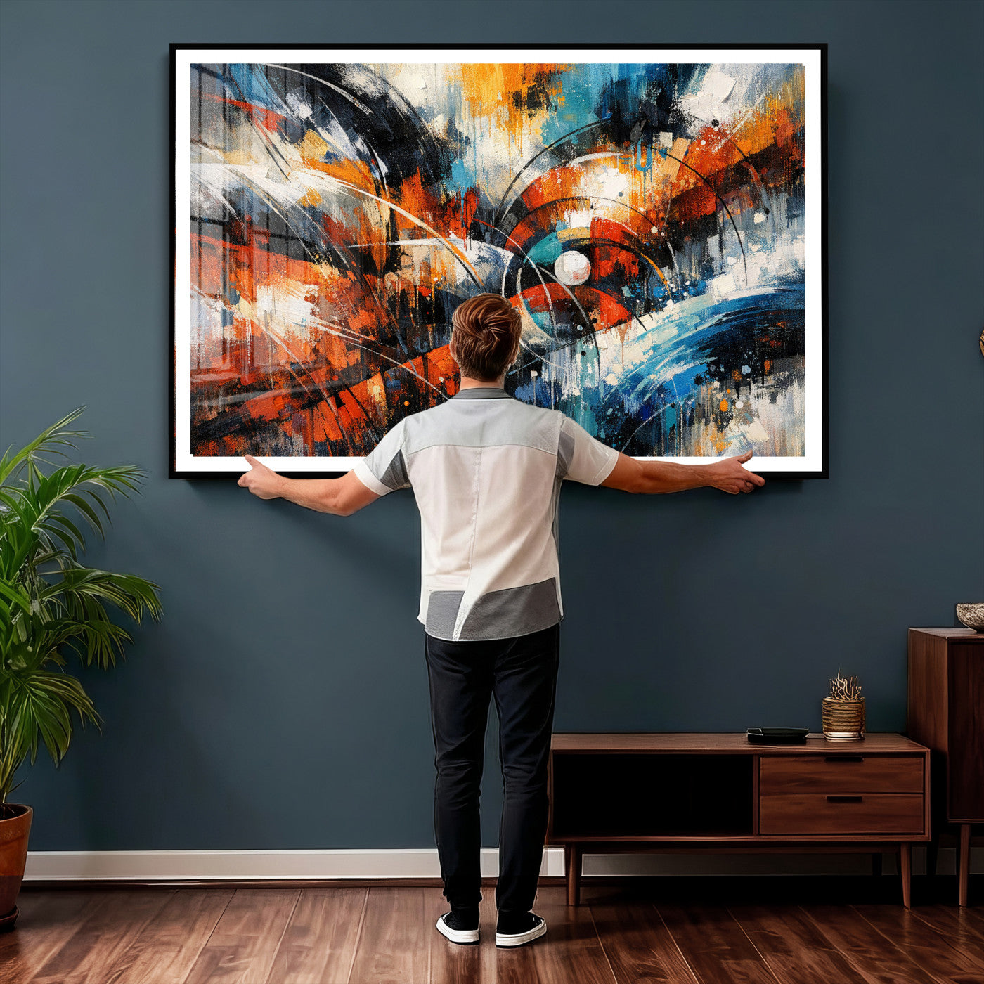 47120691-MGV-CV-36X24 - Geometric Abstract Wall Art Canvas Print, Orange Blue Abstract Expressionist Painting Print, Modern Geometric Abstract Canvas Art