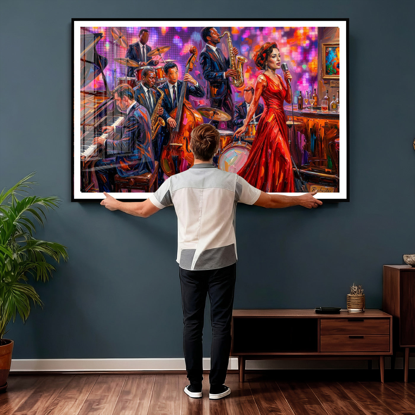 620930J20-MGV-CV-36X24 - Jazz Band Canvas Wall Art — Jazz Club Singer Saxophone Print | Music Wall Decor | Bar Restaurant Art | Music Lover Gift | Jazz Home Decor