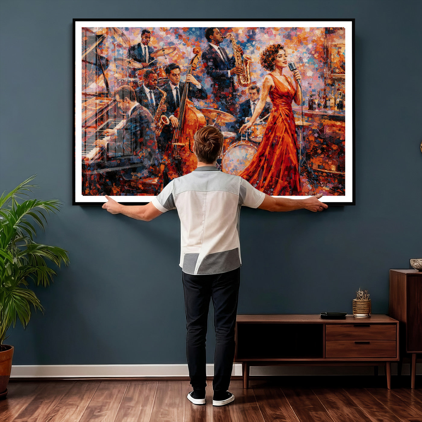 620930SF20-MGV-CV-36X24 - Jazz Band Canvas Wall Art — Jazz Club Singer Saxophone Print | Music Wall Decor | Bar Restaurant Art | Music Lover Gift | Jazz Home Decor