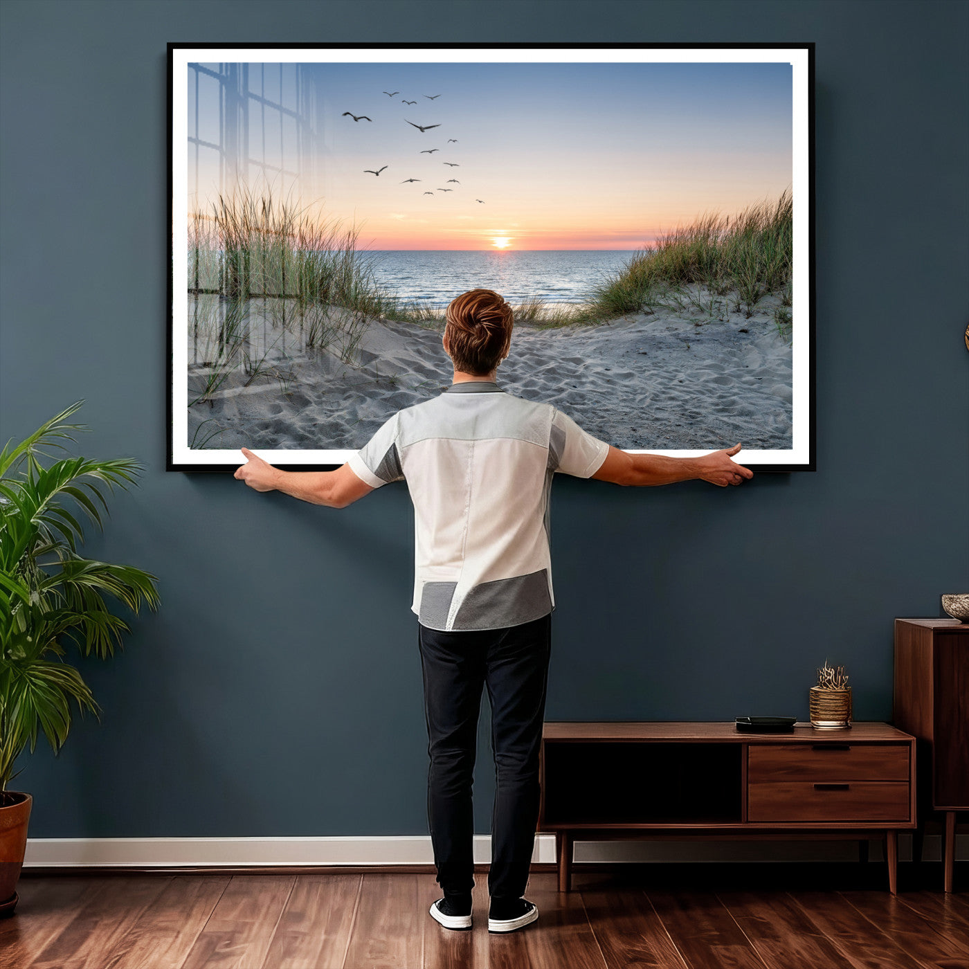 12172032-MGV-CV-36X24 - Sandy Dune Path Sunset Canvas Wall Art — Seagulls Beach Ocean Photography Print | Coastal Home Decor | Nautical Wall Art | Beach House Gift