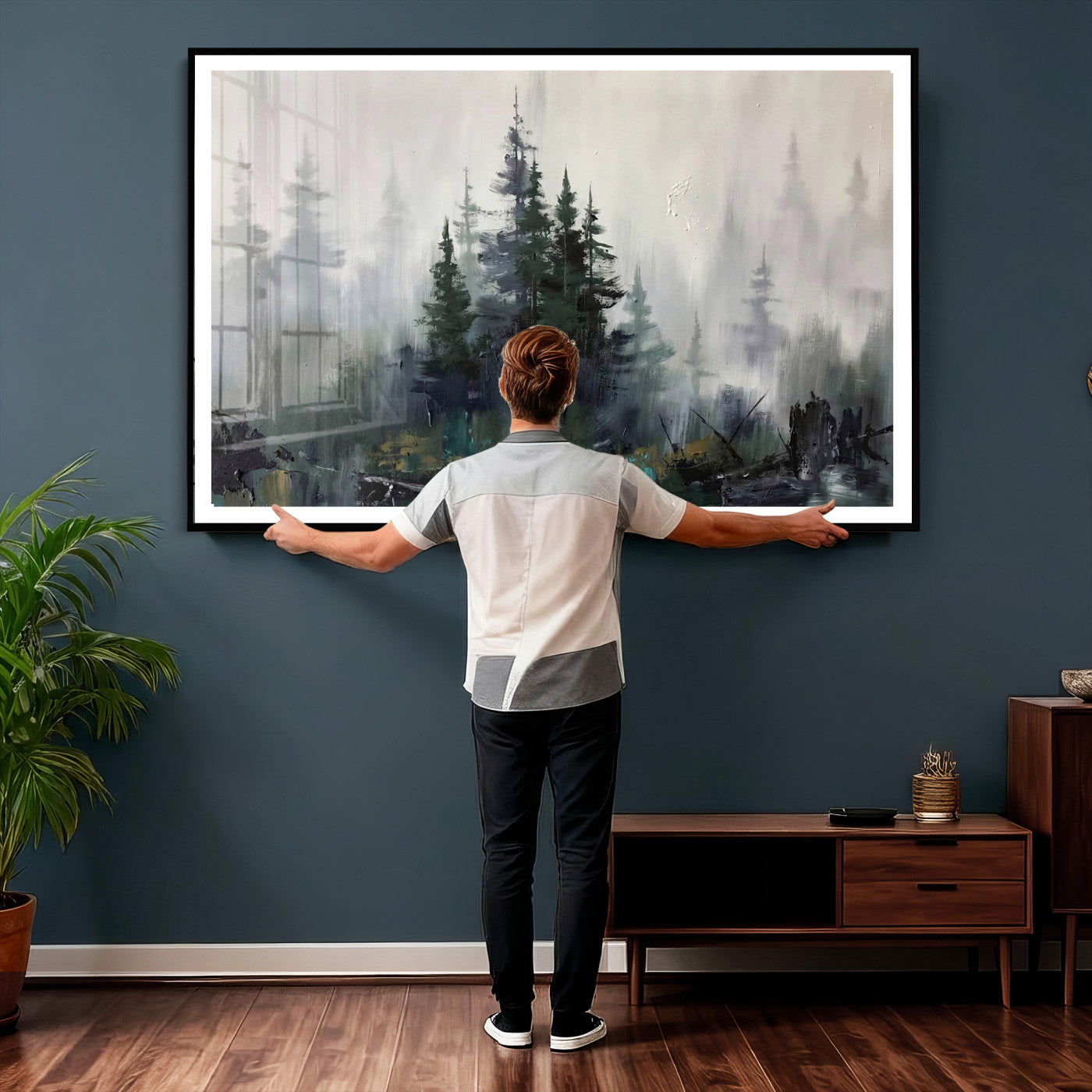 94143325-MGV-CV-36X24 - Misty Pine Forest Oil Painting Canvas — Dark Moody Teal Grey Tree Print | Japandi Scandinavian Wall Art | Minimalist Nature Decor Gift