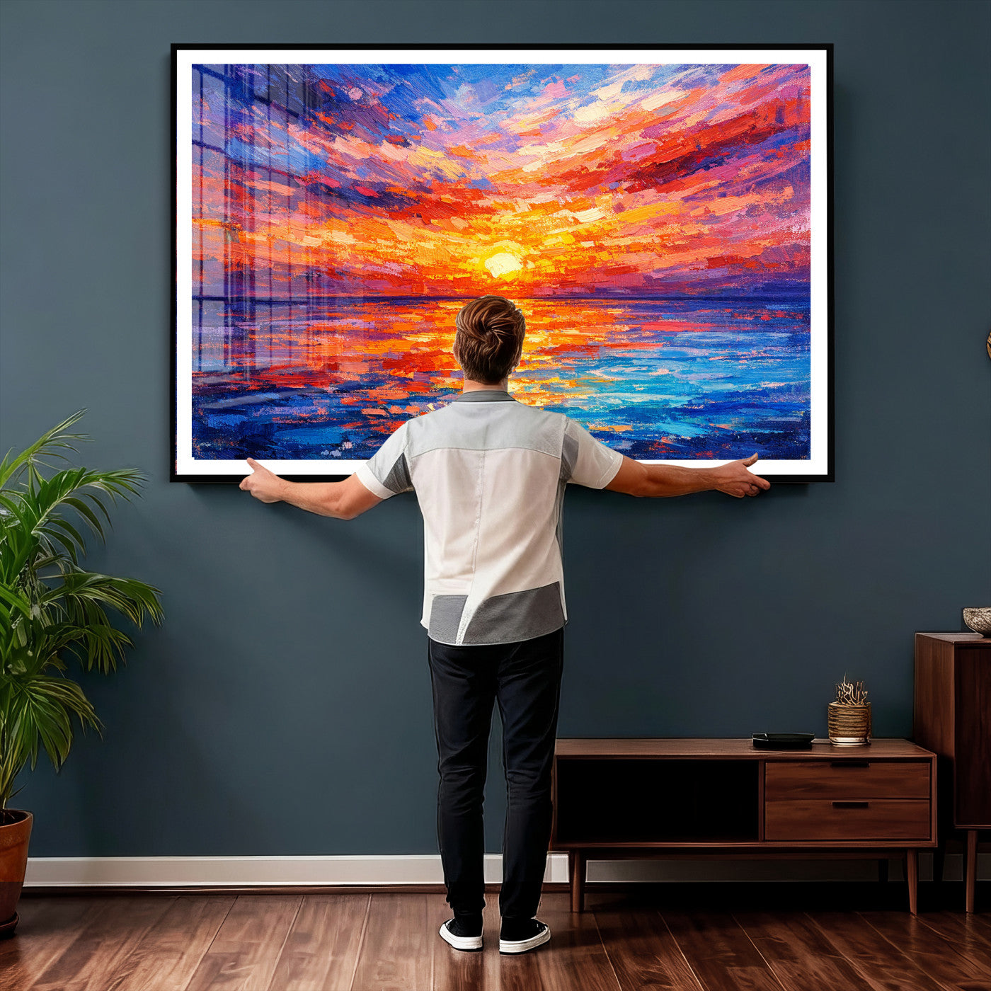 54915078-MGV-CV-36X24 - Colorful Knife Ocean Sunset Canvas — Orange Pink Teal Expressionist Sea Print | Colorful Coastal Wall Art | Vibrant Beach Decor Gift