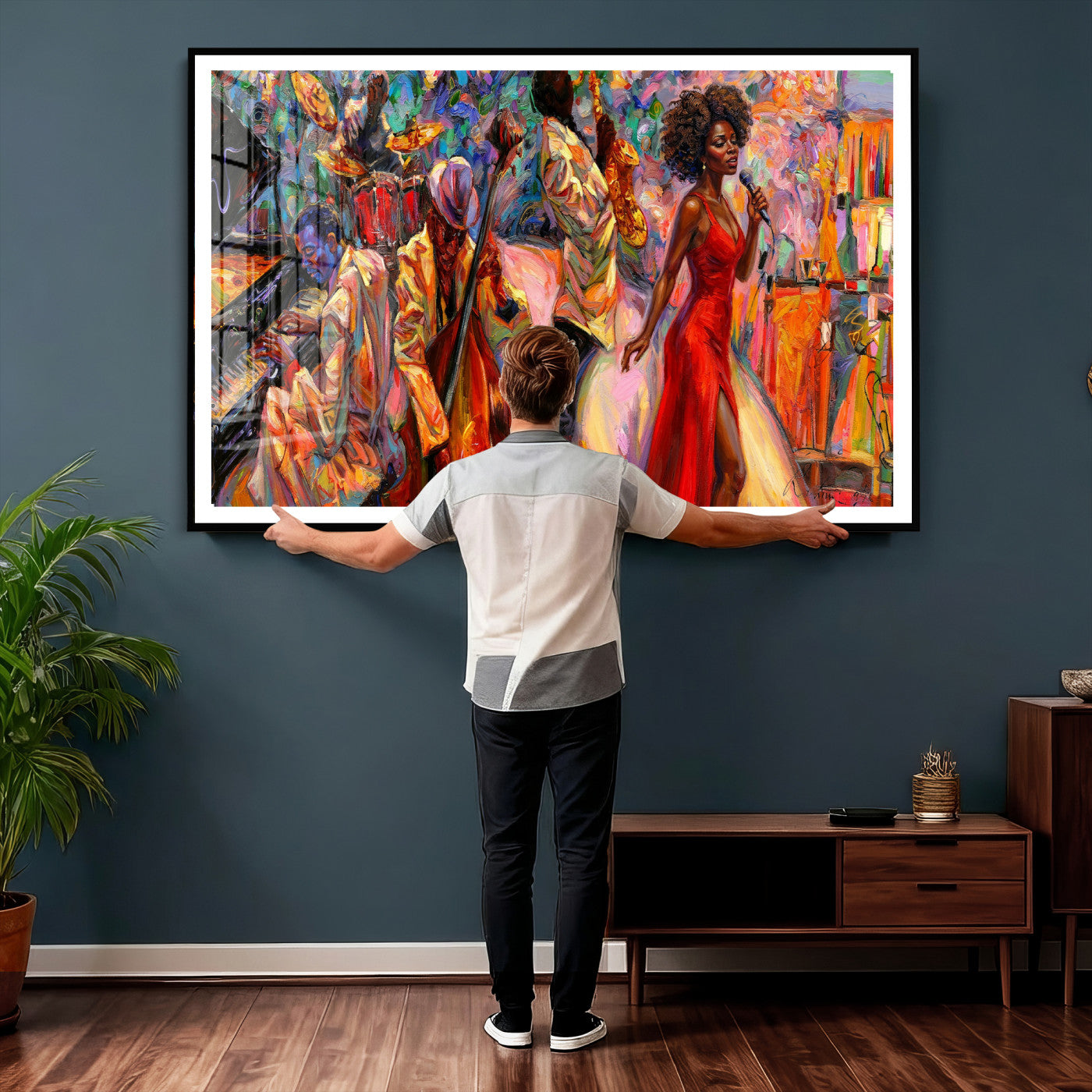72615137-MGV-CV-36X24 - African American Jazz Singer Canvas Art - Red Dress Black Woman Music Print | Colorful Jazz Band Wall Decor | Living Room Gift for Her