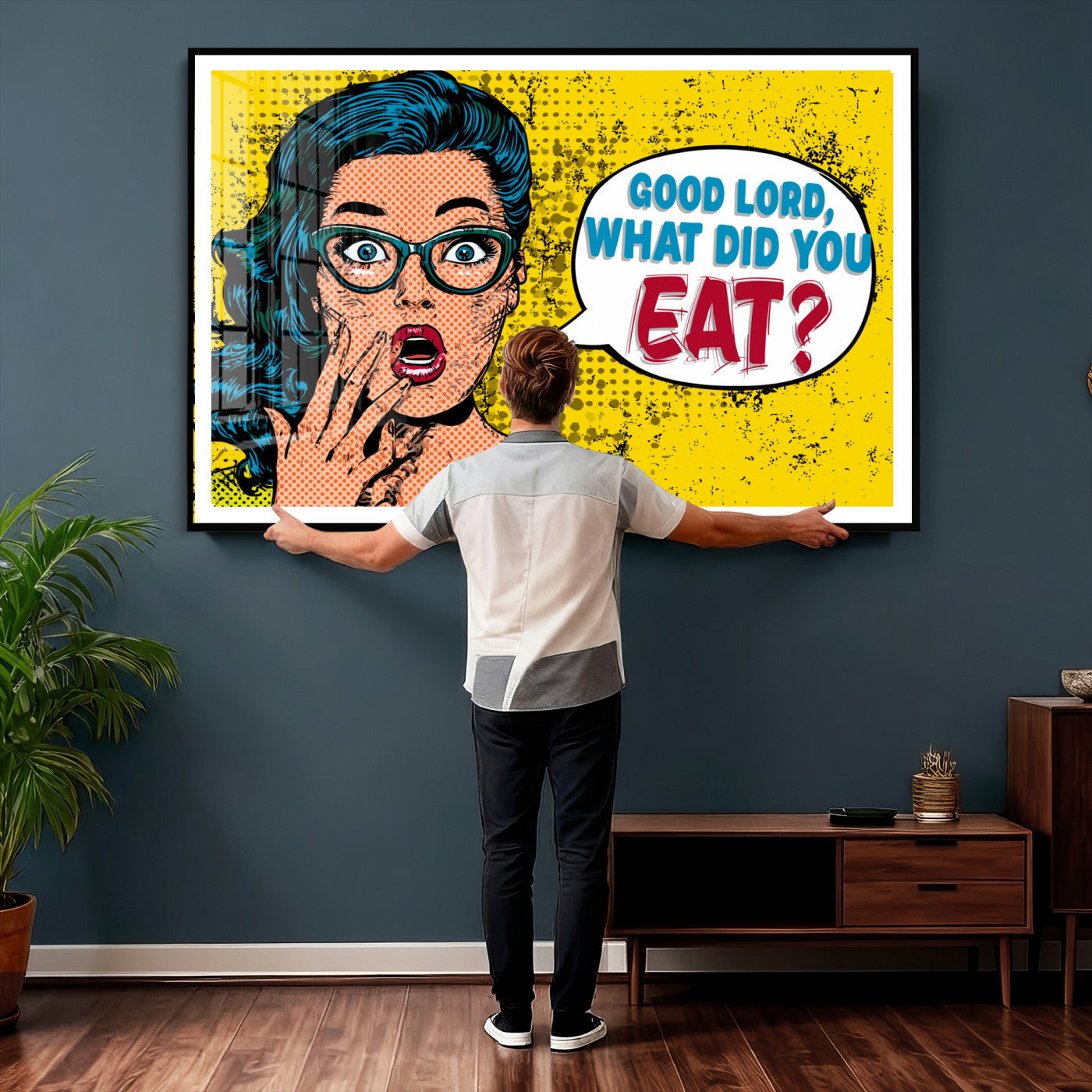 88217969-MGV-CV-36X24 - Pop Art Print Bathroom Sign Wall Art Canvas Print — Funny Bathroom Canvas | Comic Style Toilet Wall Decor | Humor Gift | Yellow Bold Bathroom Art