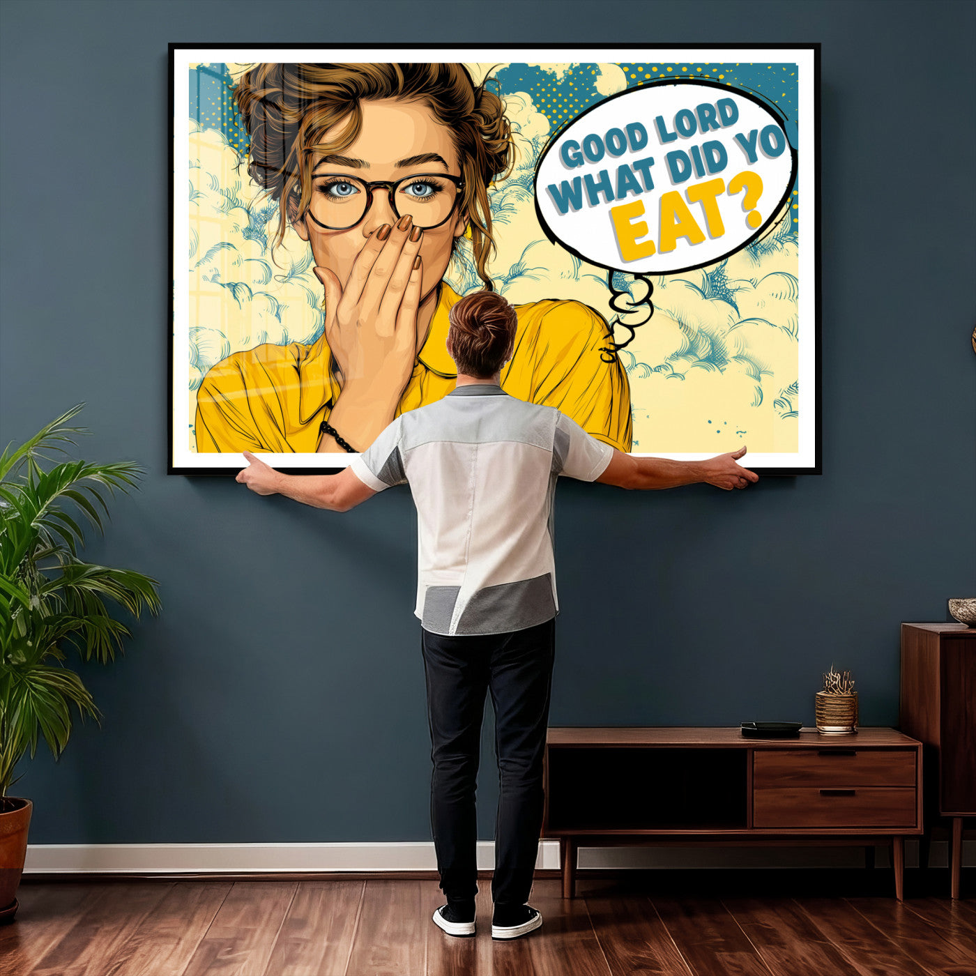 35819669-MGV-CV-36X24 - Pop Art Print Bathroom Sign Wall Art Canvas Print — Funny Bathroom Canvas | Comic Style Toilet Wall Decor | Humor Gift | Yellow Bold Bathroom Art