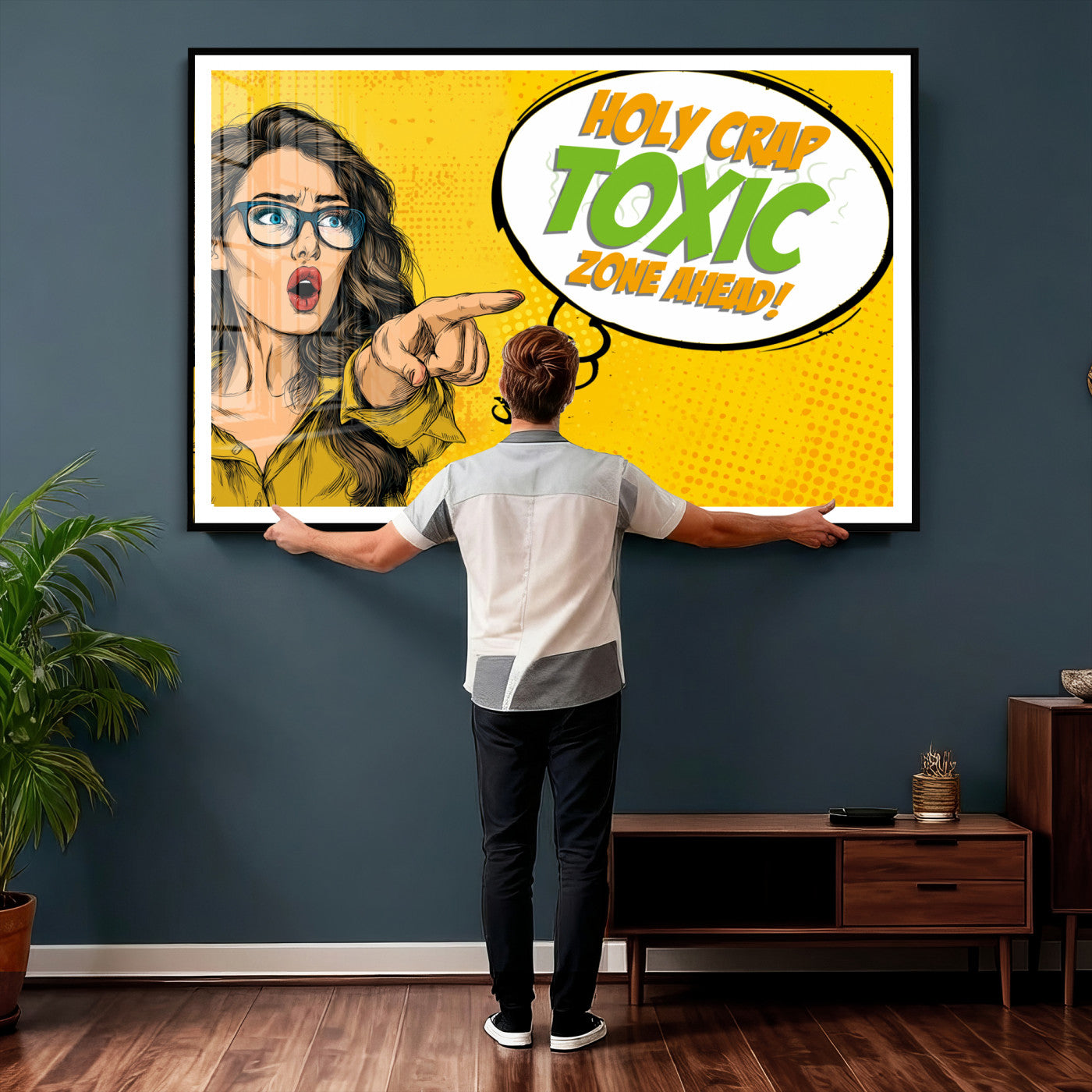 79156505-MGV-CV-36X24 - Pop Art Print Bathroom Sign Wall Art Canvas Print — Funny Bathroom Canvas | Comic Style Toilet Wall Decor | Humor Gift | Yellow Bold Bathroom Art