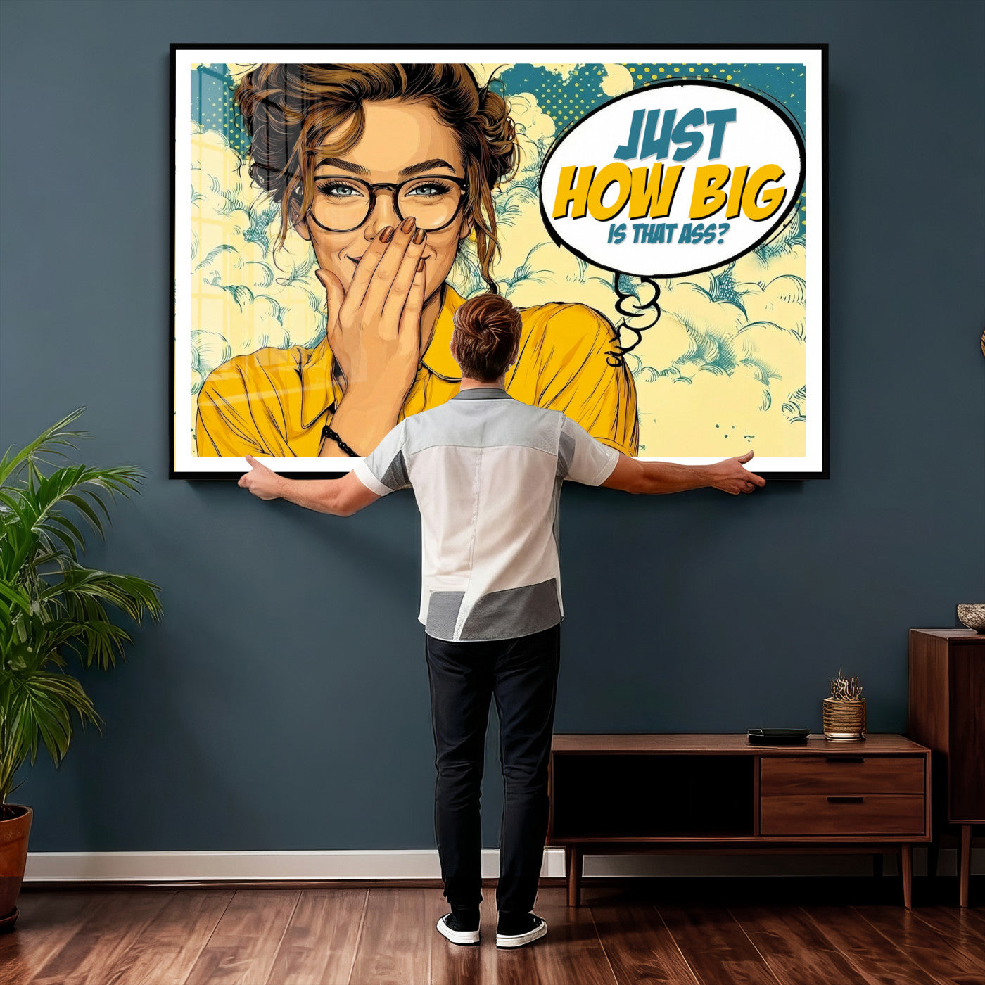 T79156505-MGV-CV-36X24 - Pop Art Print Bathroom Sign Wall Art Canvas Print — Funny Bathroom Canvas | Comic Style Toilet Wall Decor | Humor Gift | How Big Ass