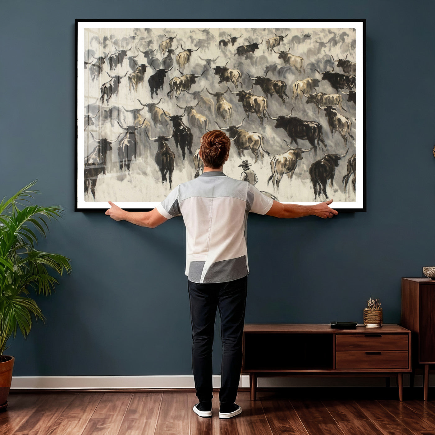 48049876-MGV-CV-36X24 - Cowboy Cattle Drive Canvas Wall Art, Western Longhorn Herd Ink Painting Print, Ranch Rodeo Decor, Black White Western Art, Large Living Room Art