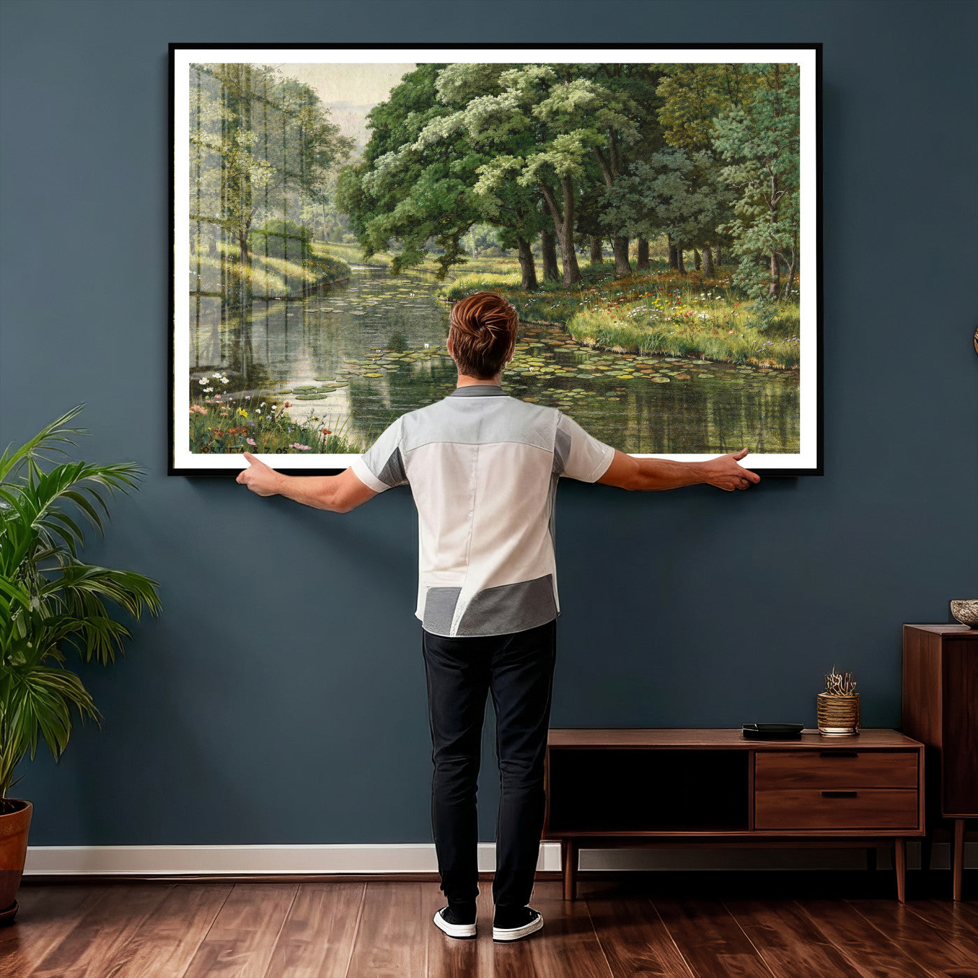 44288560-MGV-CV-36X24 - Forest Stream Canvas Wall Art, Peder Monsted A Forest Stream 1905 Print, Danish Realist Landscape, Lily Pad River Nature Decor, Vintage Green Painting