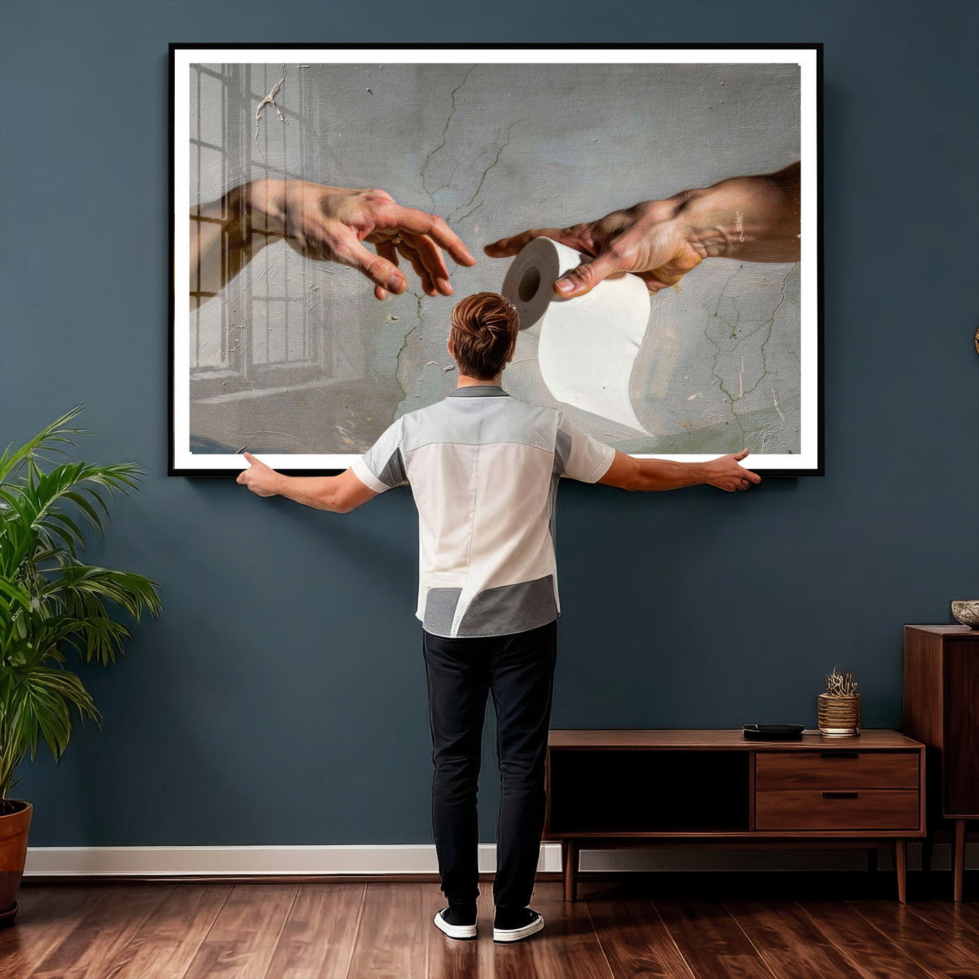 72030048-MGV-CV-36X24 - Funny Bathroom Wall Art Canvas, Creation of Toilet Paper Parody Print, Renaissance Humor Decor, Toilet Room Art, Quirky Housewarming Gift, Classic Art Spoof