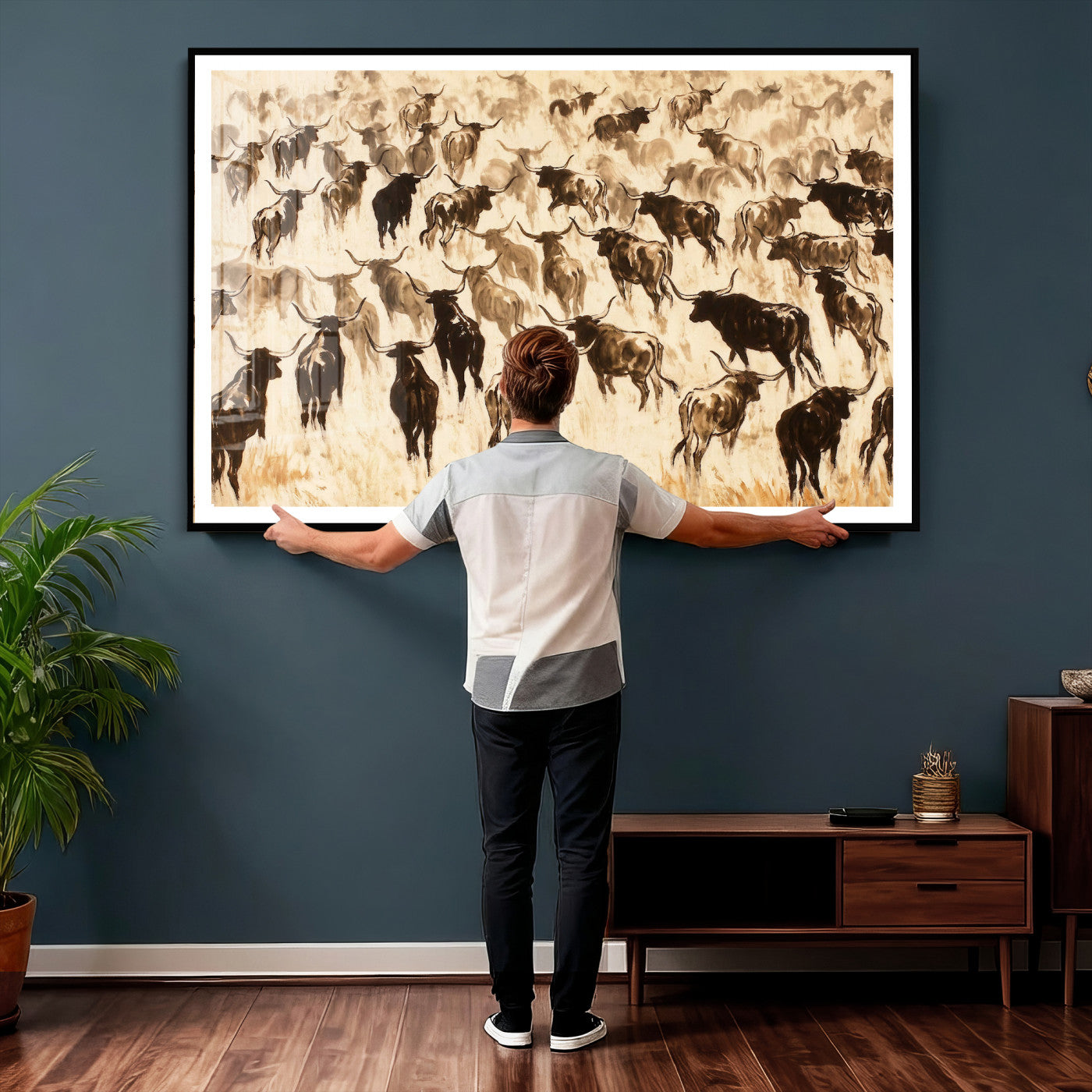 39077774-MGV-CV-36X24 - Texas Longhorn Sepia Canvas Wall Art, Western Cattle Stampede Painting Print, Warm Amber Ranch Decor, Rustic Cowboy Home Art, Large Living Room Decor