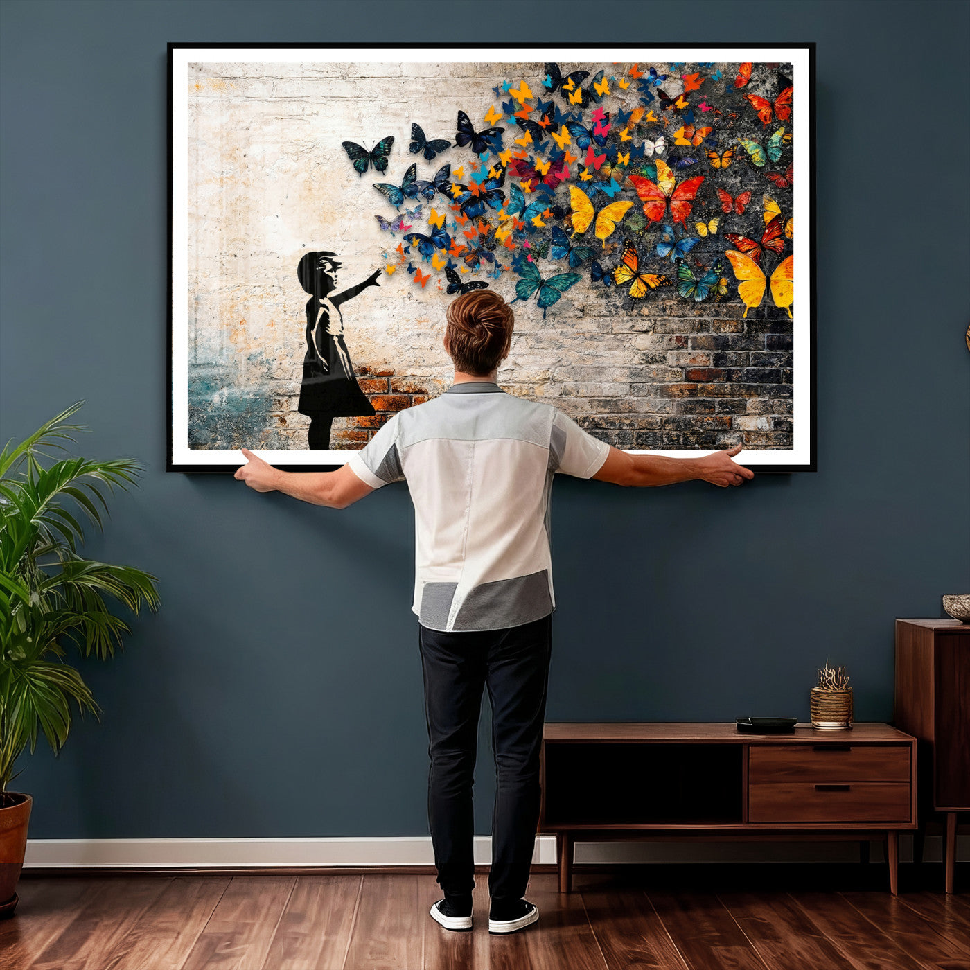 78760384-MGV-CV-36X24 - Banksy Graffiti Butterfly Girl Wall Art Canvas Print, Framed Street Art Canvas Print, Silhouette Butterfly Wall Art for Living Room Bedroom Office