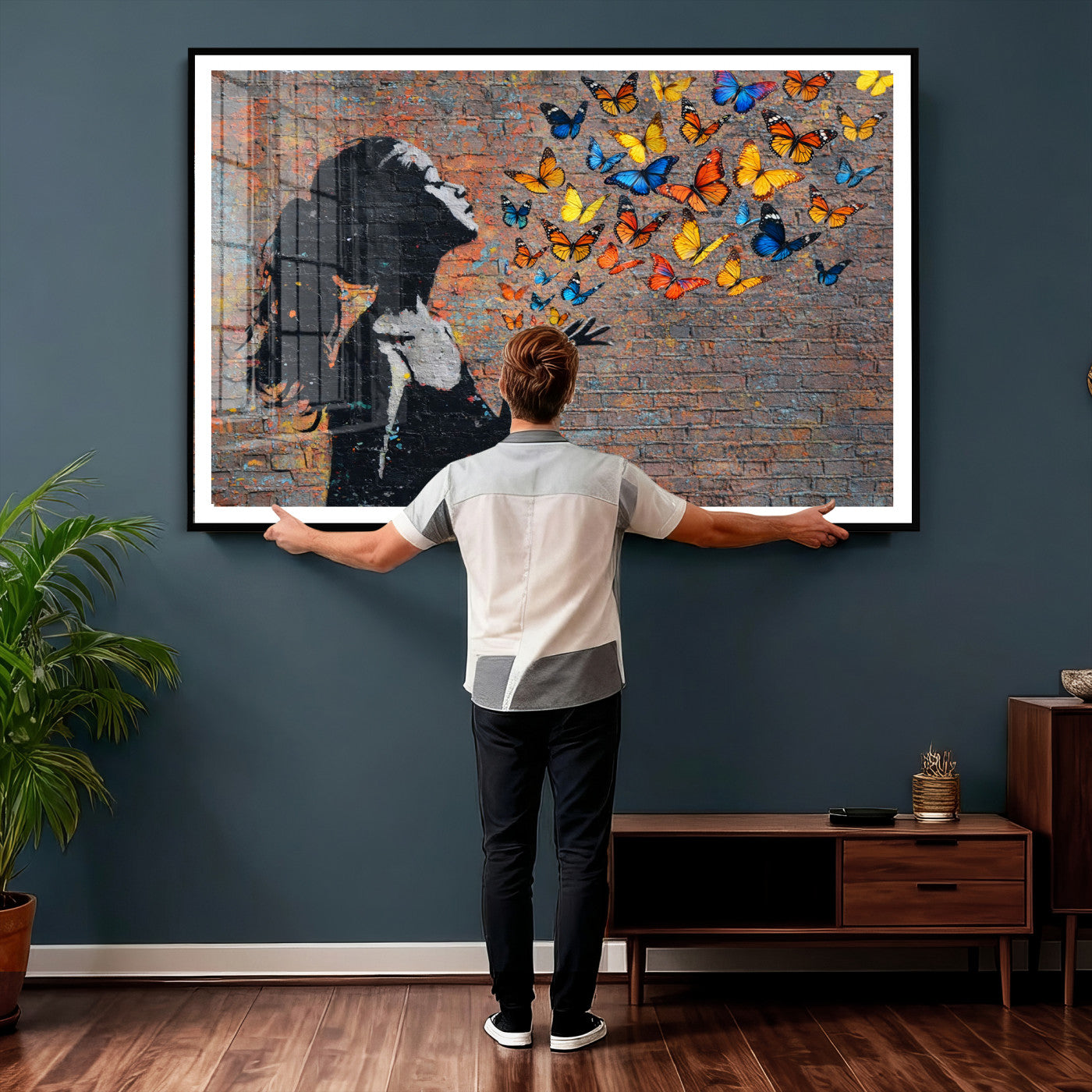 10555939-MGV-CV-36X24 - Urban Banksy Butterfly Girl Wall Art Canvas Print, Framed Street Art Canvas Print, Graffiti Silhouette Butterfly Wall Art for Living Room Bedroom Office