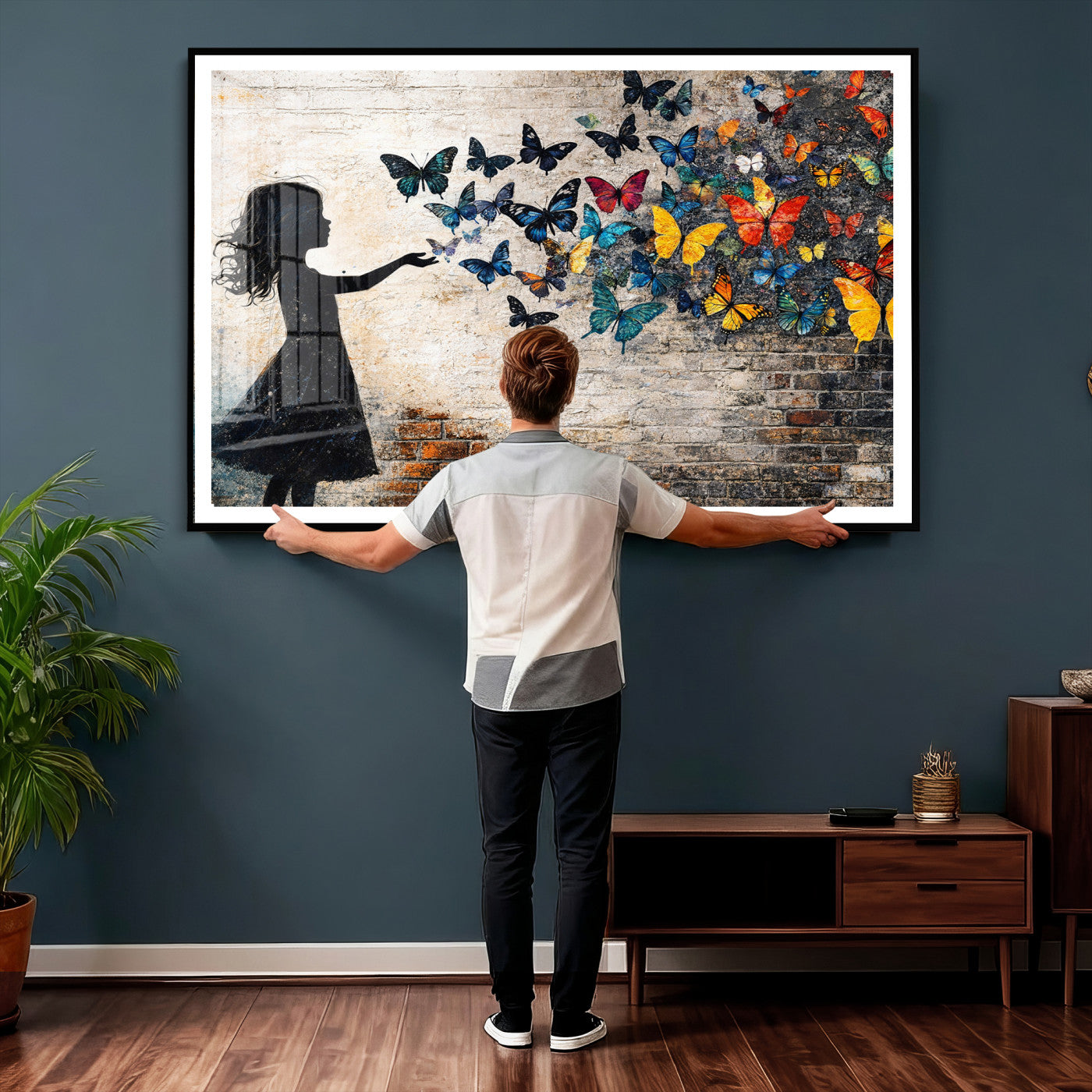 70522594-MGV-CV-36X24 - Banksy Butterfly Girl Wall Art Canvas Print, Framed Street Art Canvas Print, Graffiti Silhouette Butterfly Wall Art for Living Room Bedroom Office